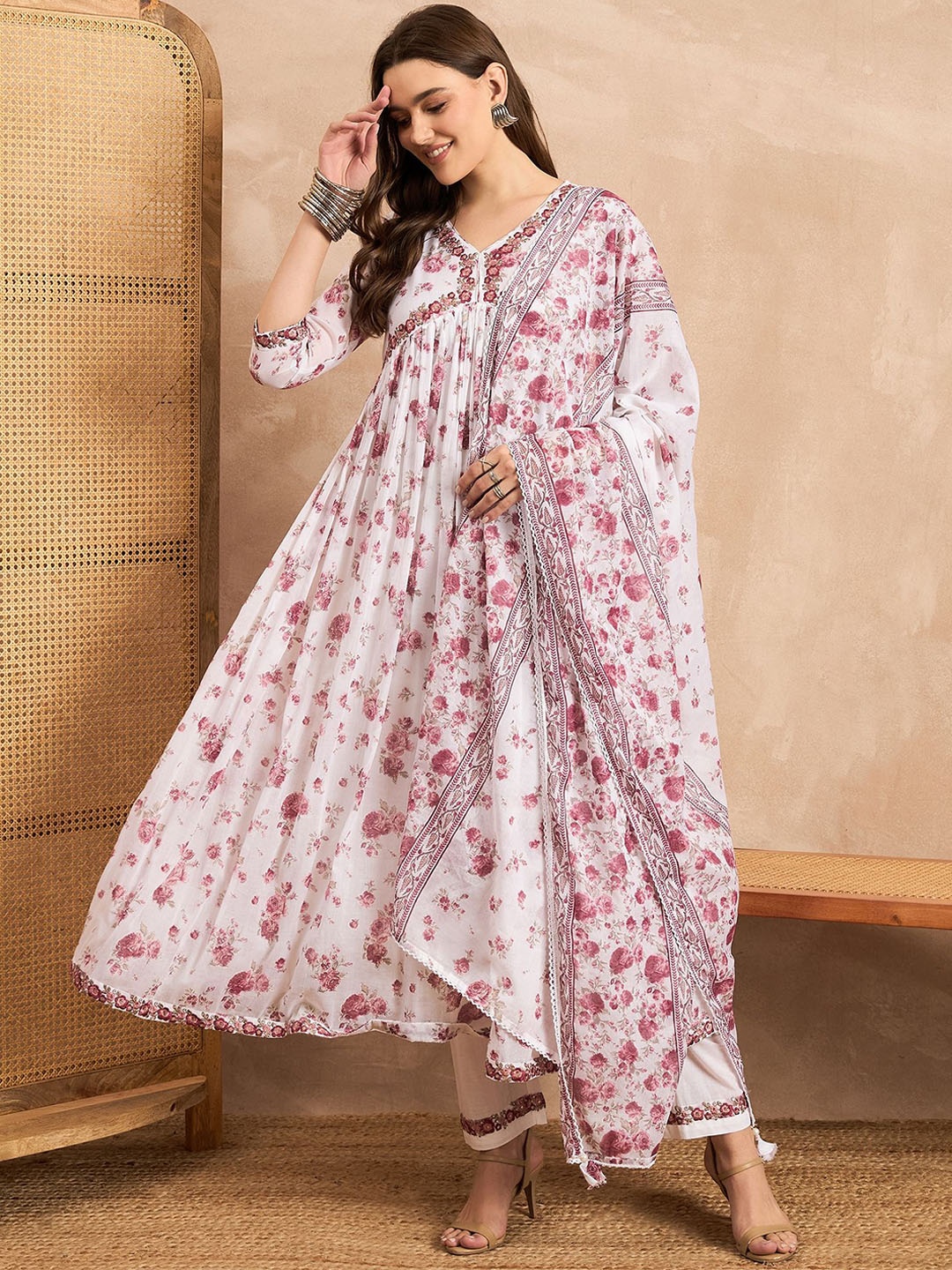 

all about you Floral Printed Empire Thread Work Kurta With Trouser With Dupatta, White