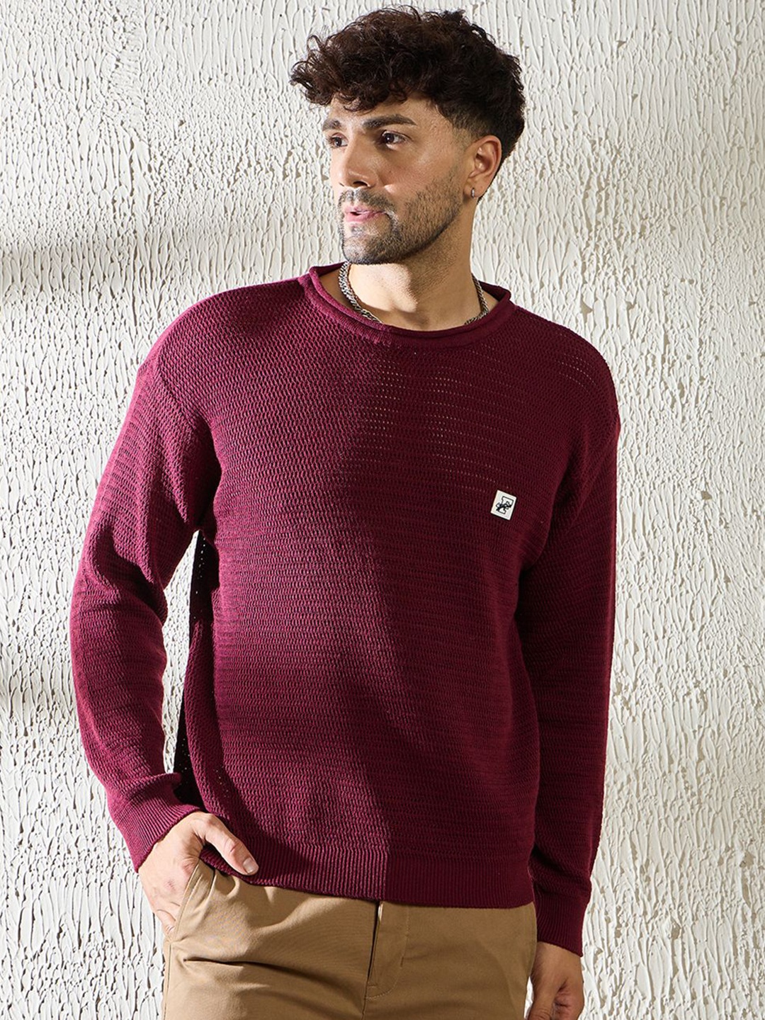 

FUGAZEE Men Solid Round Neck Cotton Relaxed Fit T-shirt, Maroon