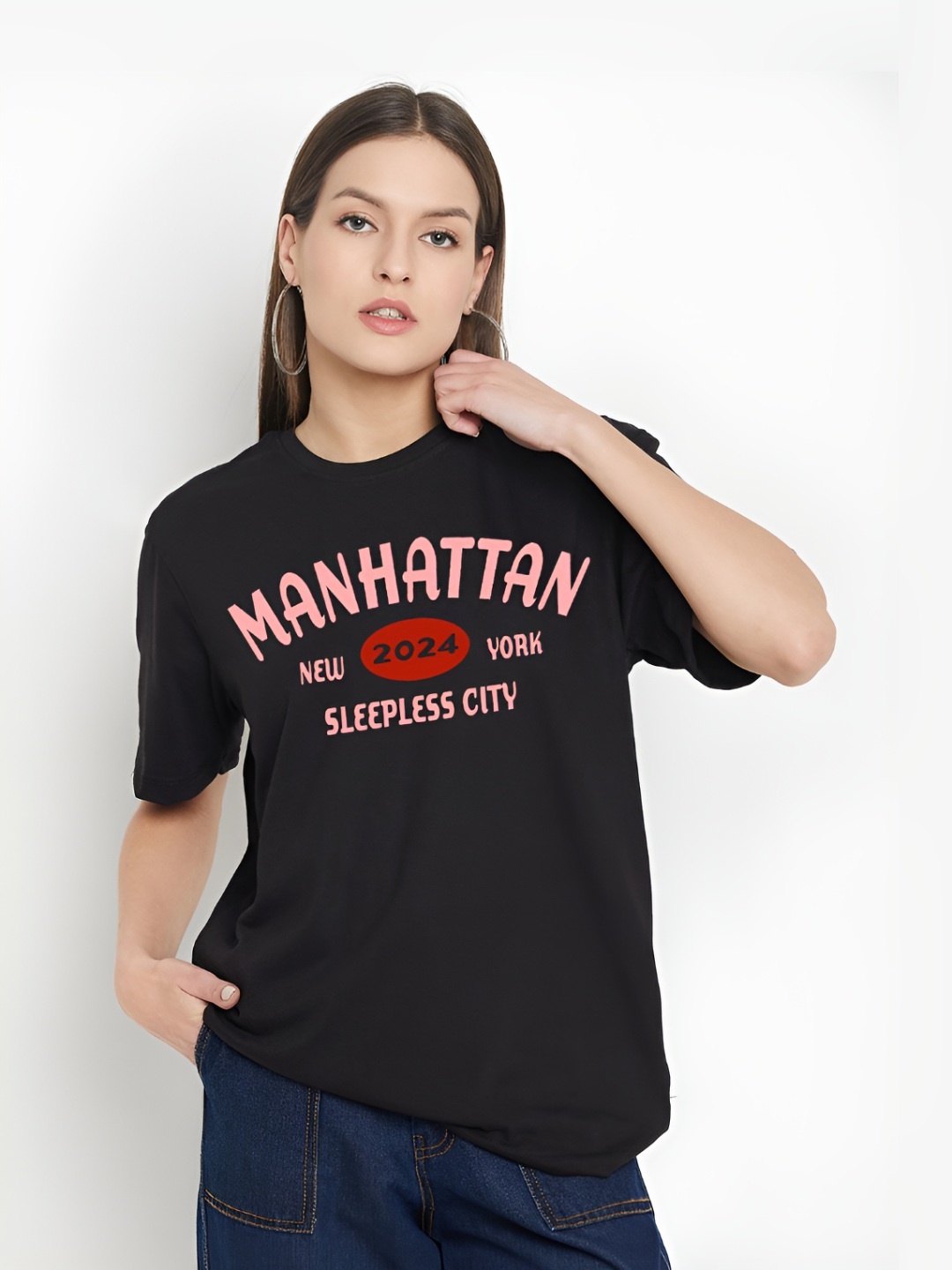 

Mast & Harbour Women Typography Printed Round Neck Pure Cotton Oversized T-shirt, Black