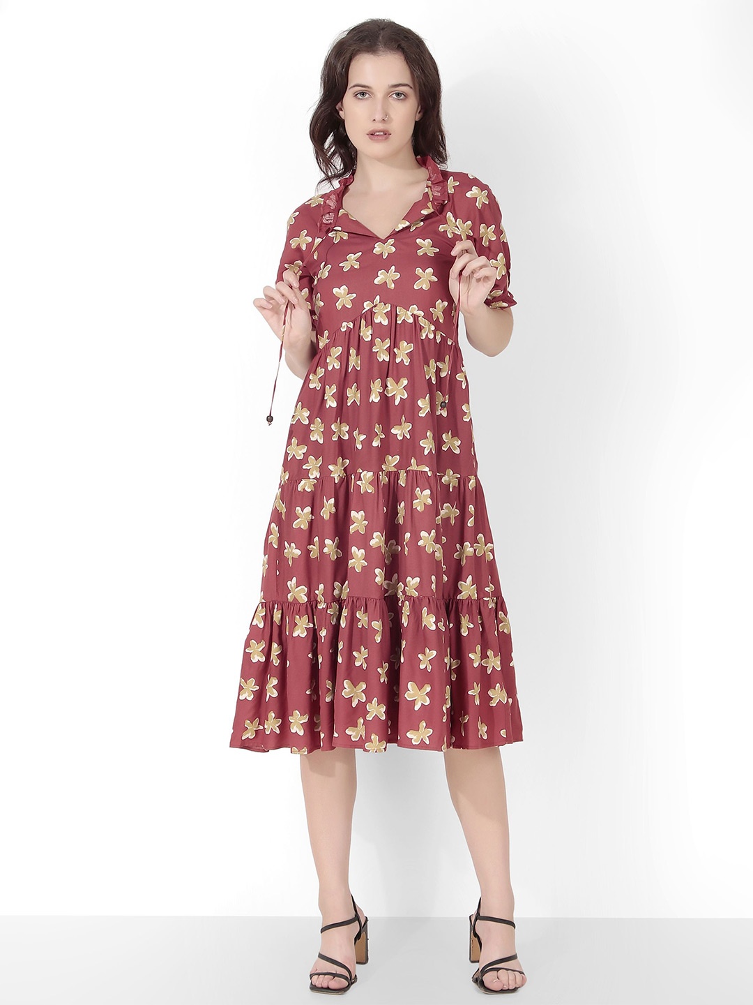 

Seryeon Floral Print Puff Sleeve A-Line Midi Dress, Red