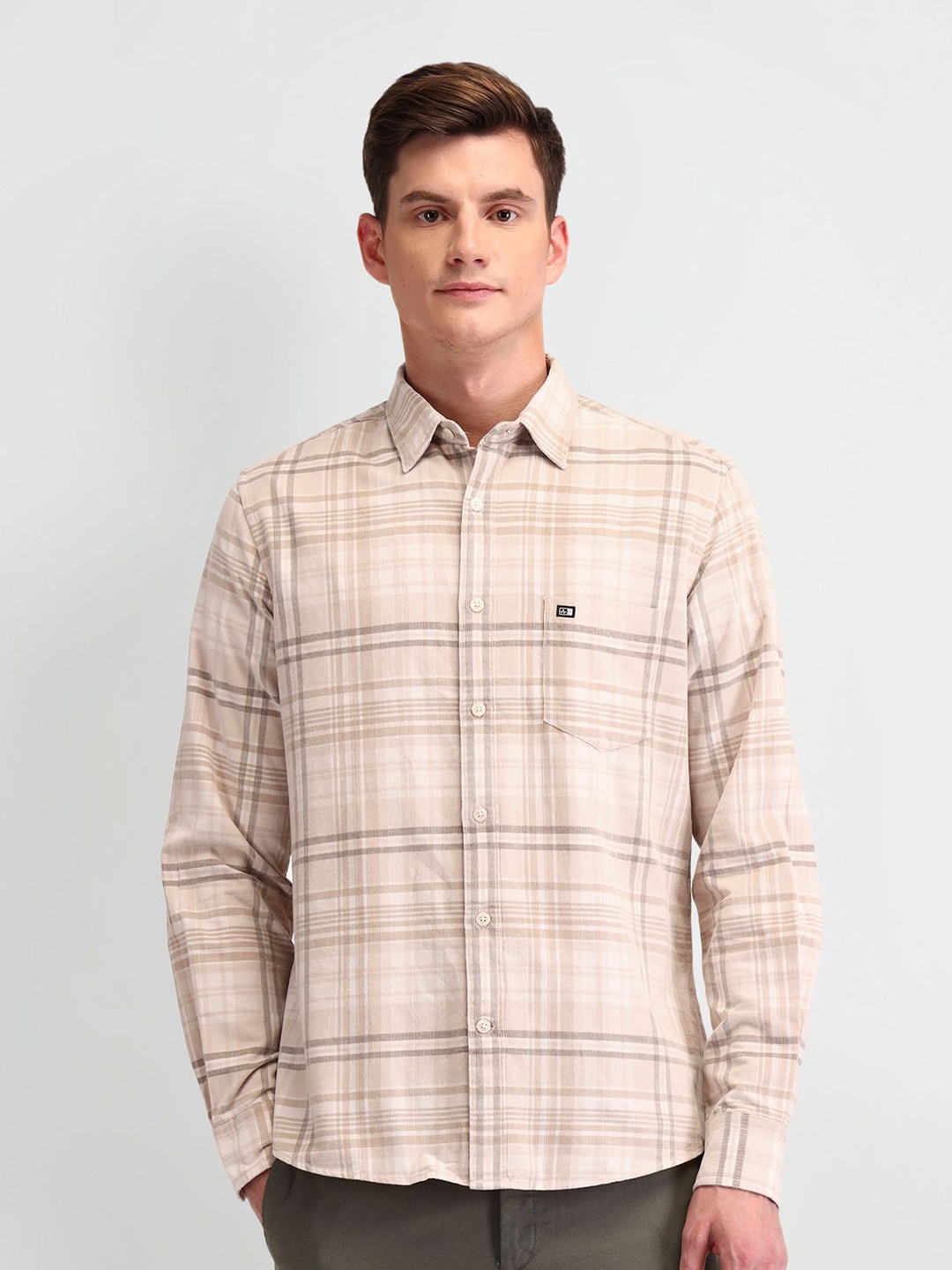 

Arrow Sport Men Classic Tailored Fit Opaque Checked Casual Shirt, Beige