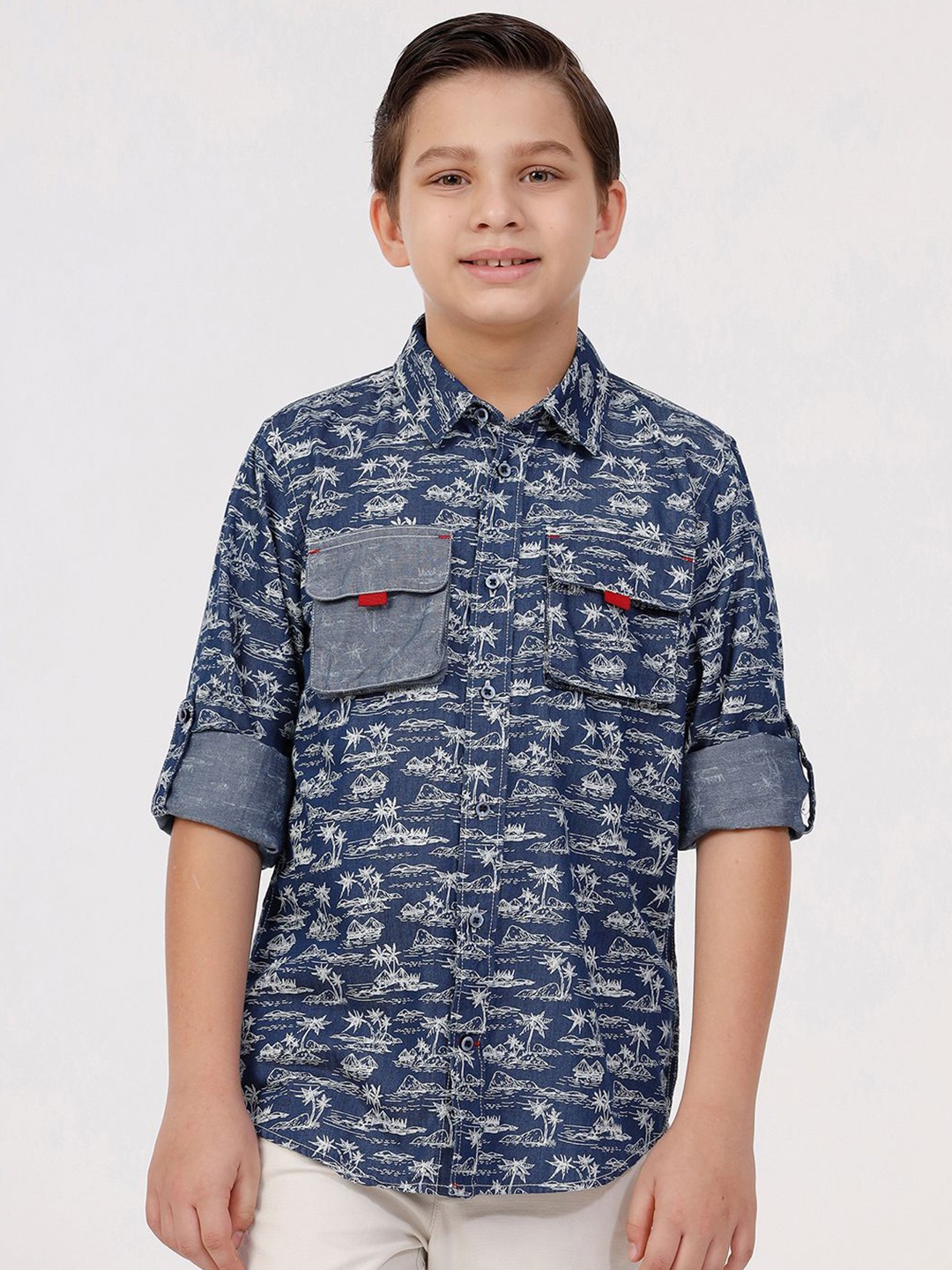 

KATE & OSCAR Boys Cutaway Collar Abstract Printed Cotton Casual Shirt, Navy blue