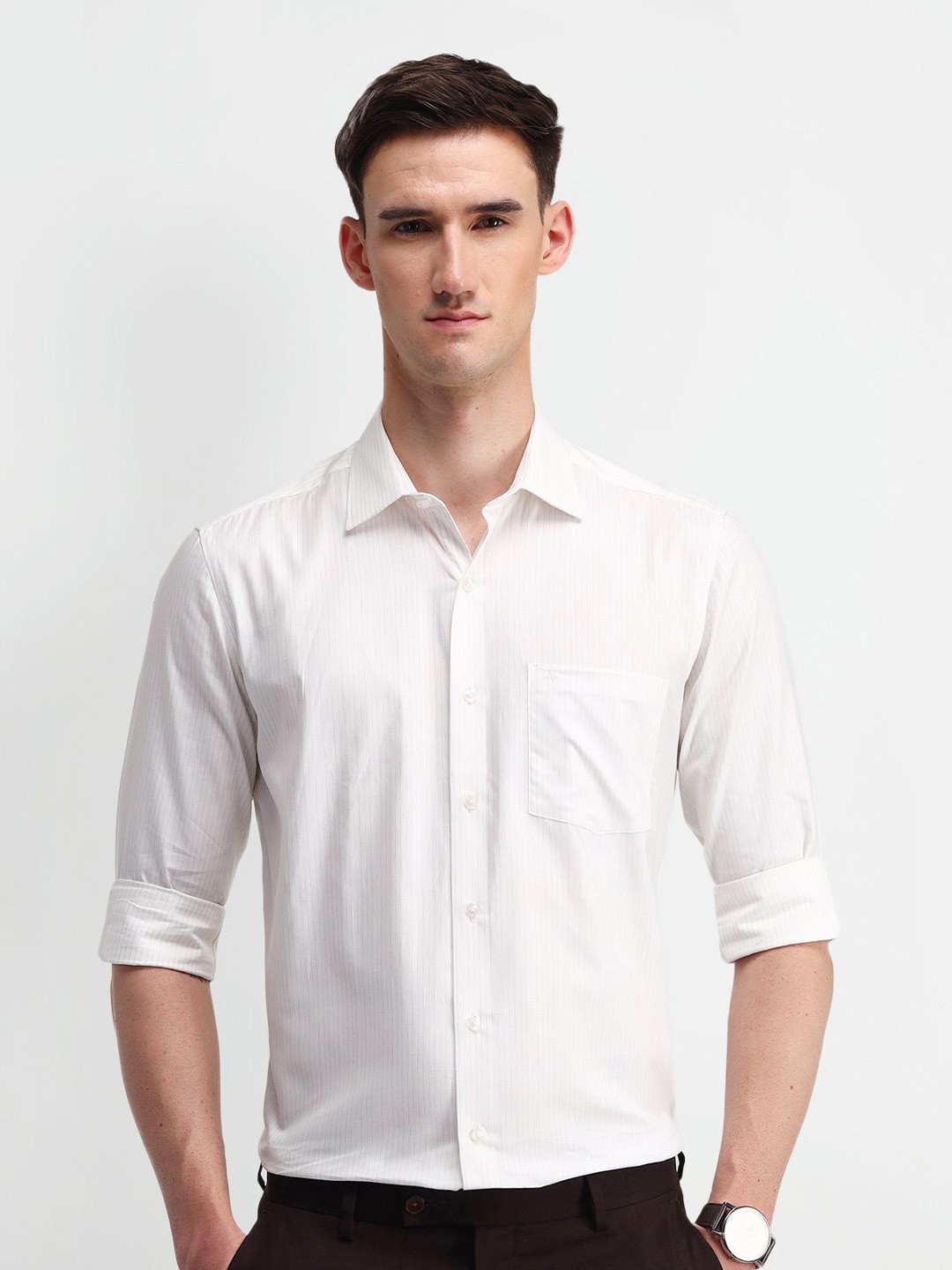 

Arrow Men Classic Spread Collar Vertical Striped Cotton Casual Shirt, White