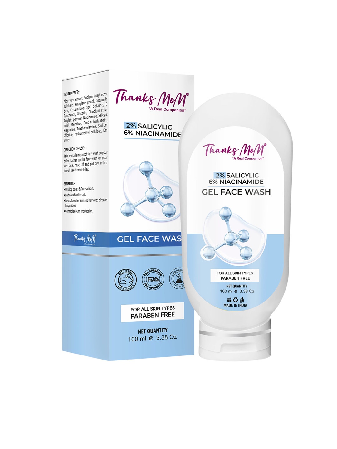 

THANKS MOM 2% Salicylic & 6% Niacinamide Gel Face Wash For Anti Acne - 100 ml, White