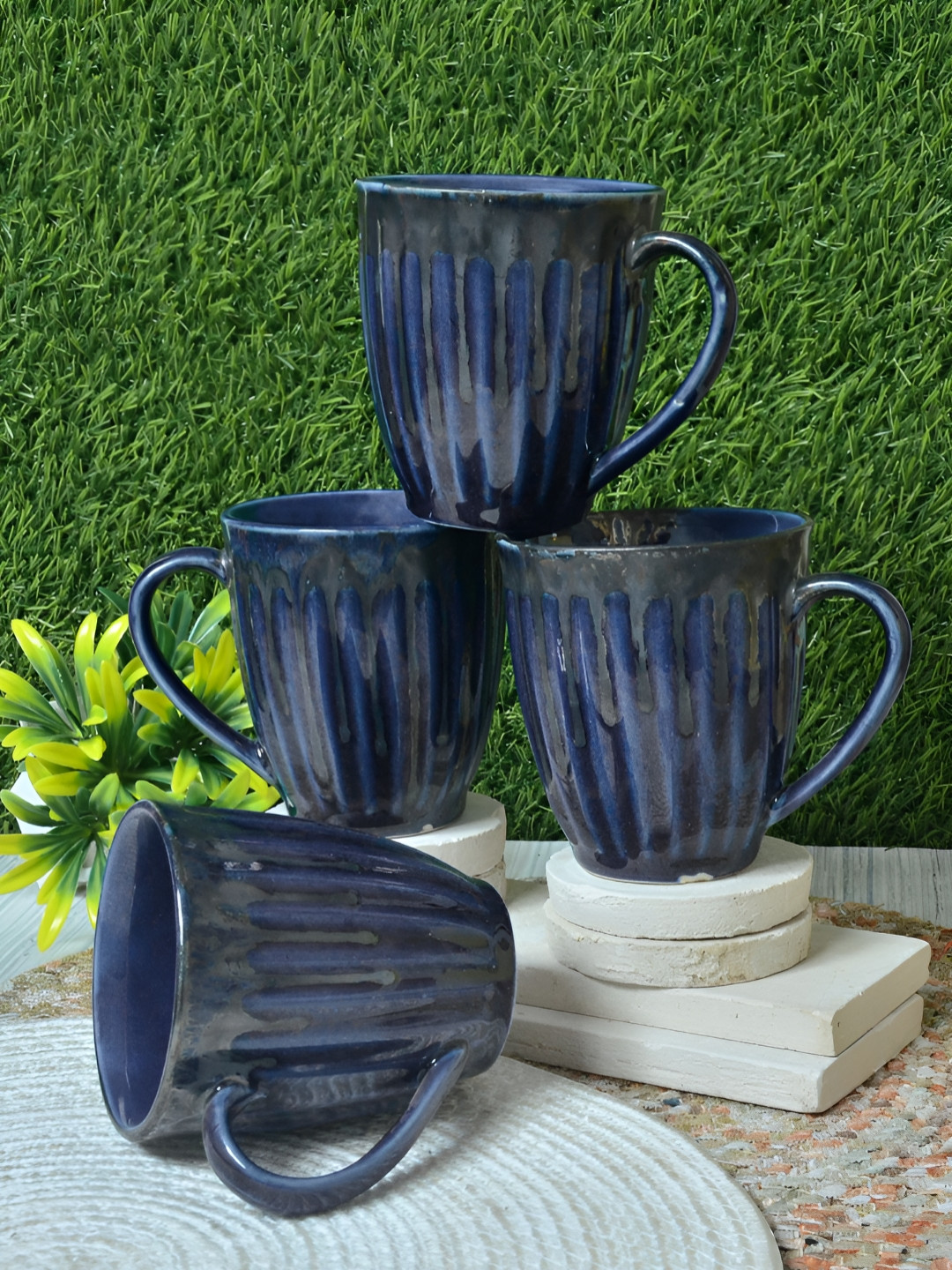 

FABINALIV Blue and Grey 4 Pieces Textured Ceramic Glossy Mugs 300 ml each