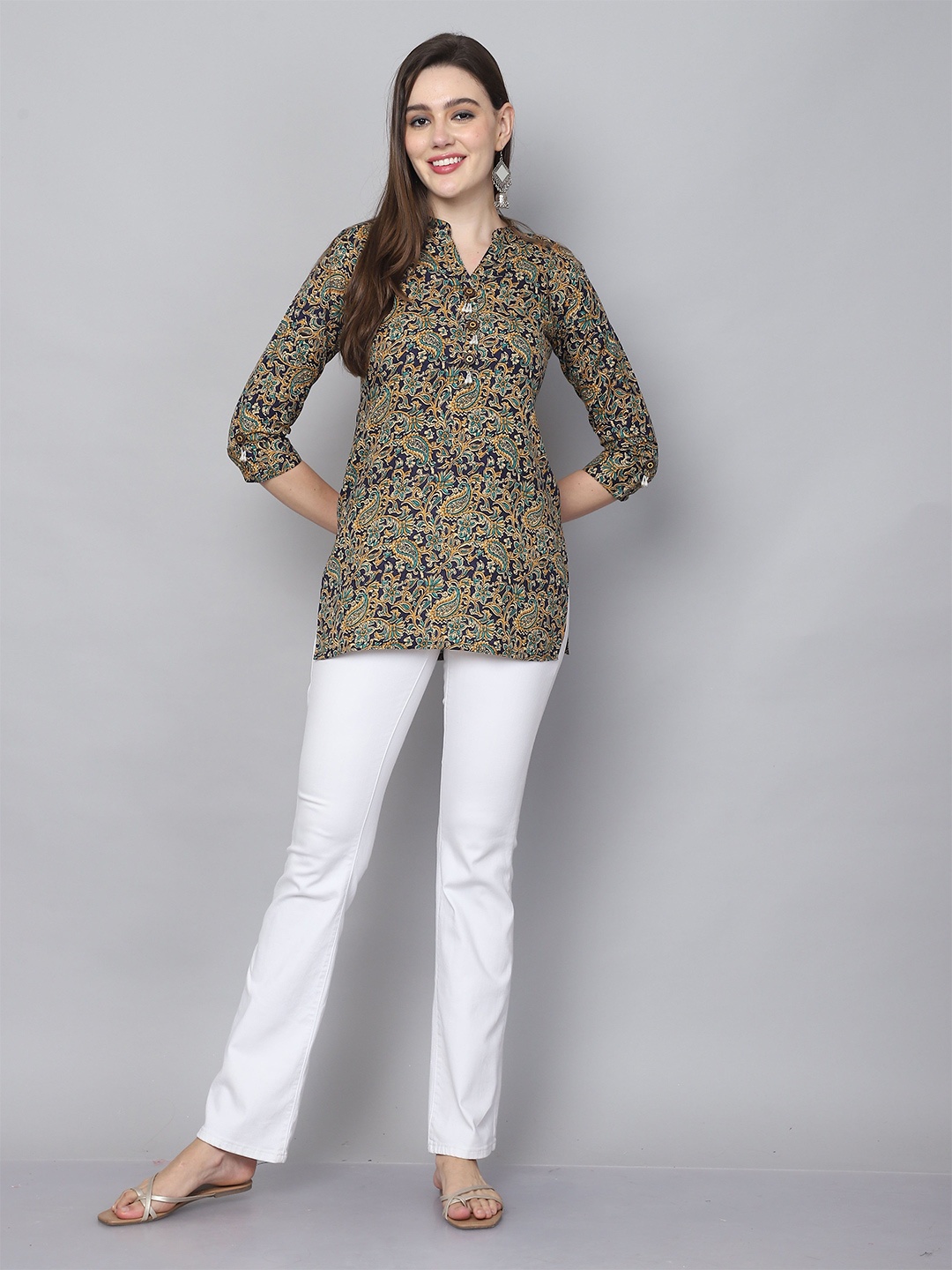 

Roly Poly Mandarin Collar Printed Ethnic Tunic, Blue