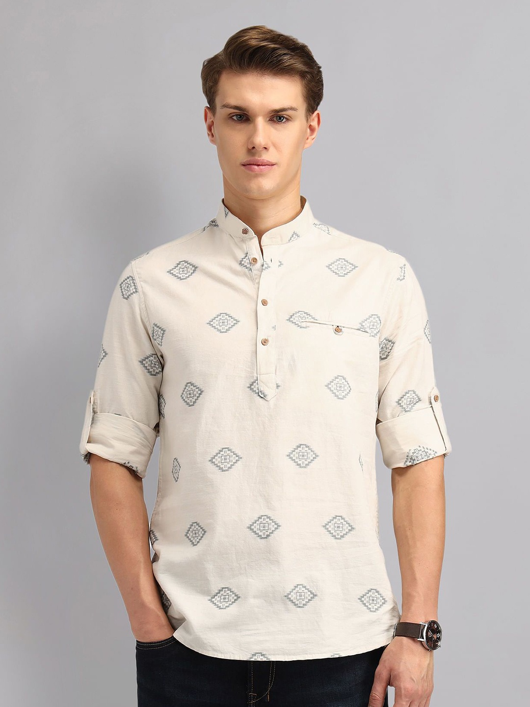 

AD By Arvind Men Band Collar Geometric Printed Cotton Slim Fit Casual Shirt, Cream
