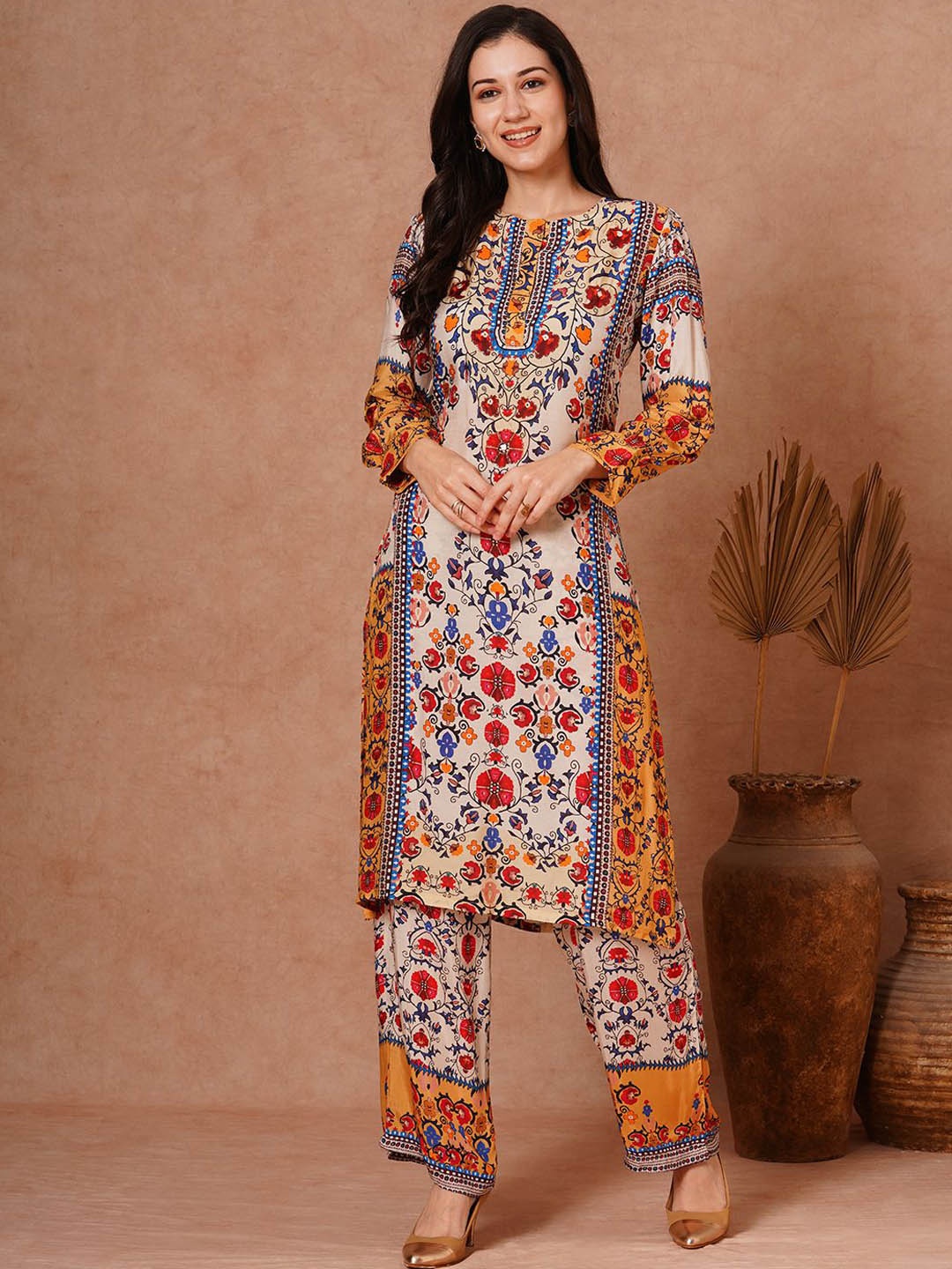 

FASHOR Floral Printed Top & Palazzos Co-Ords, Off white