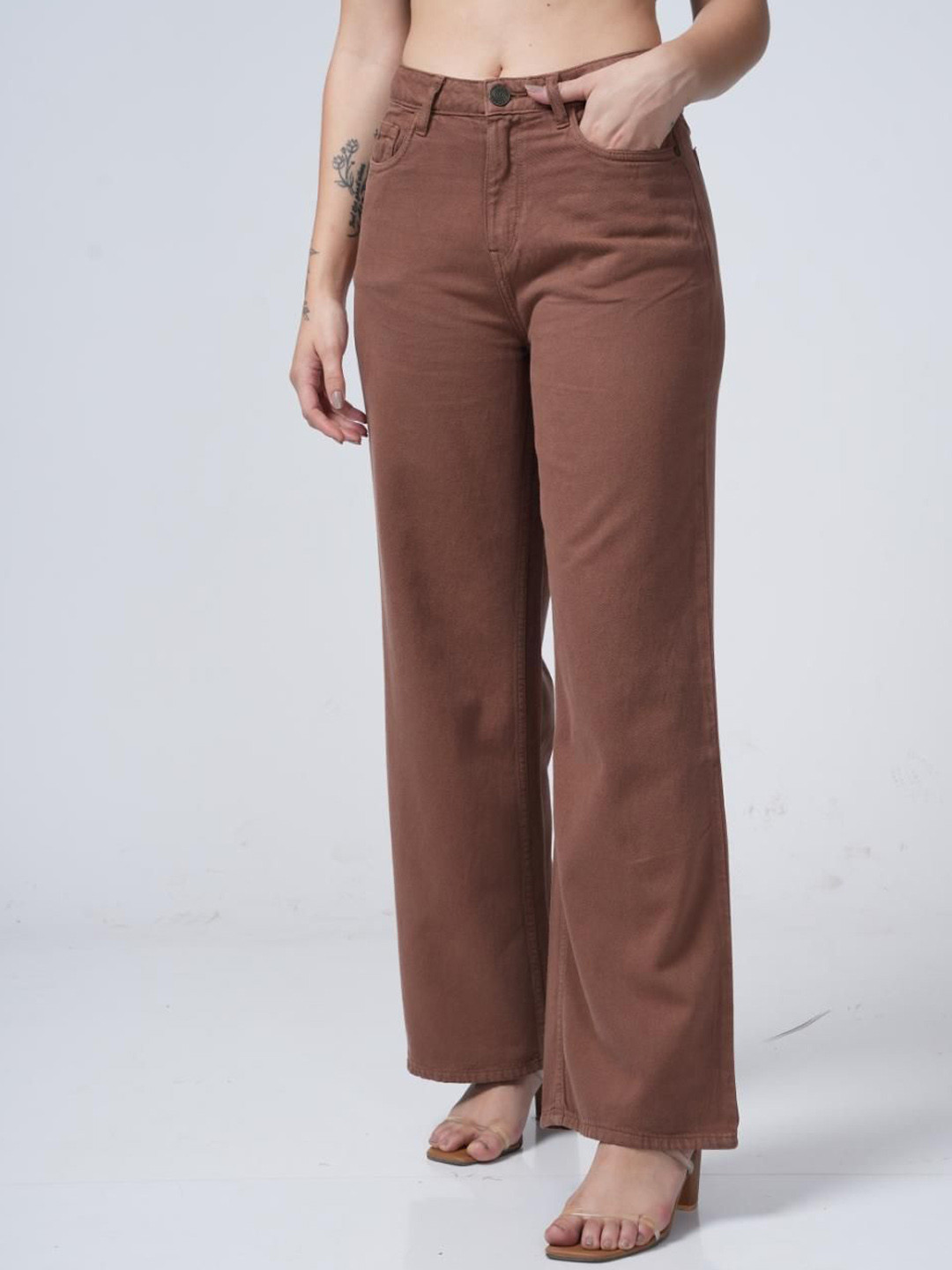 

URBAN POCHE Women Jean Wide Leg High-Rise Jeans, Brown
