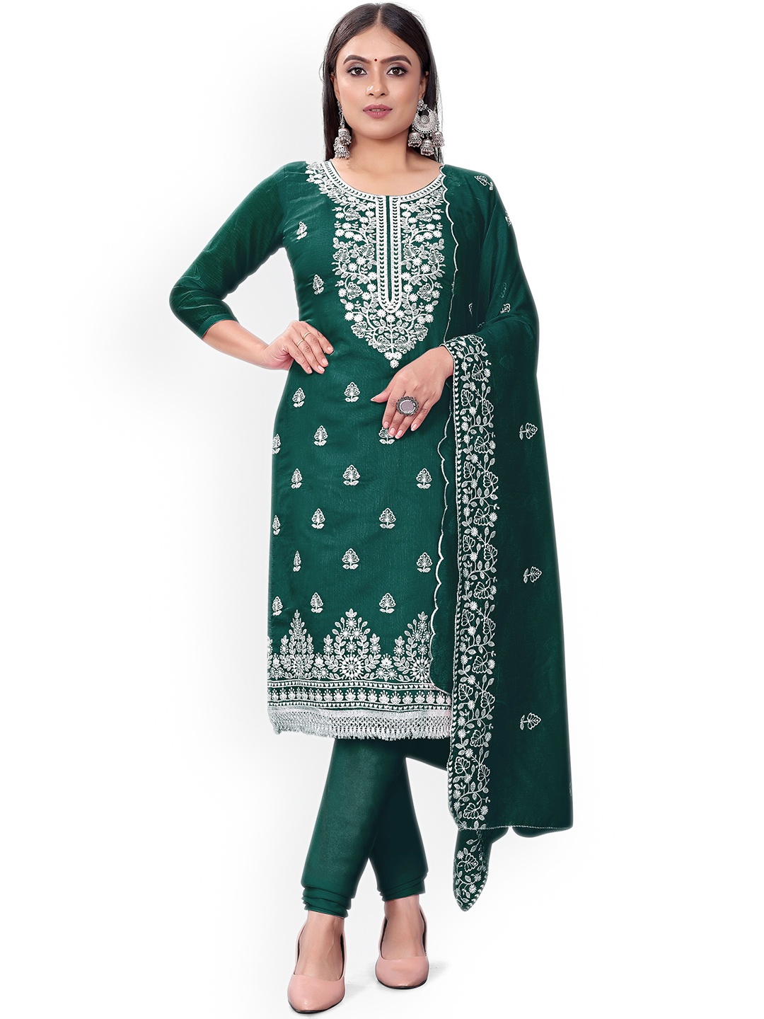 

Maroosh Floral Embroidered Unstitched Dress Material, Green