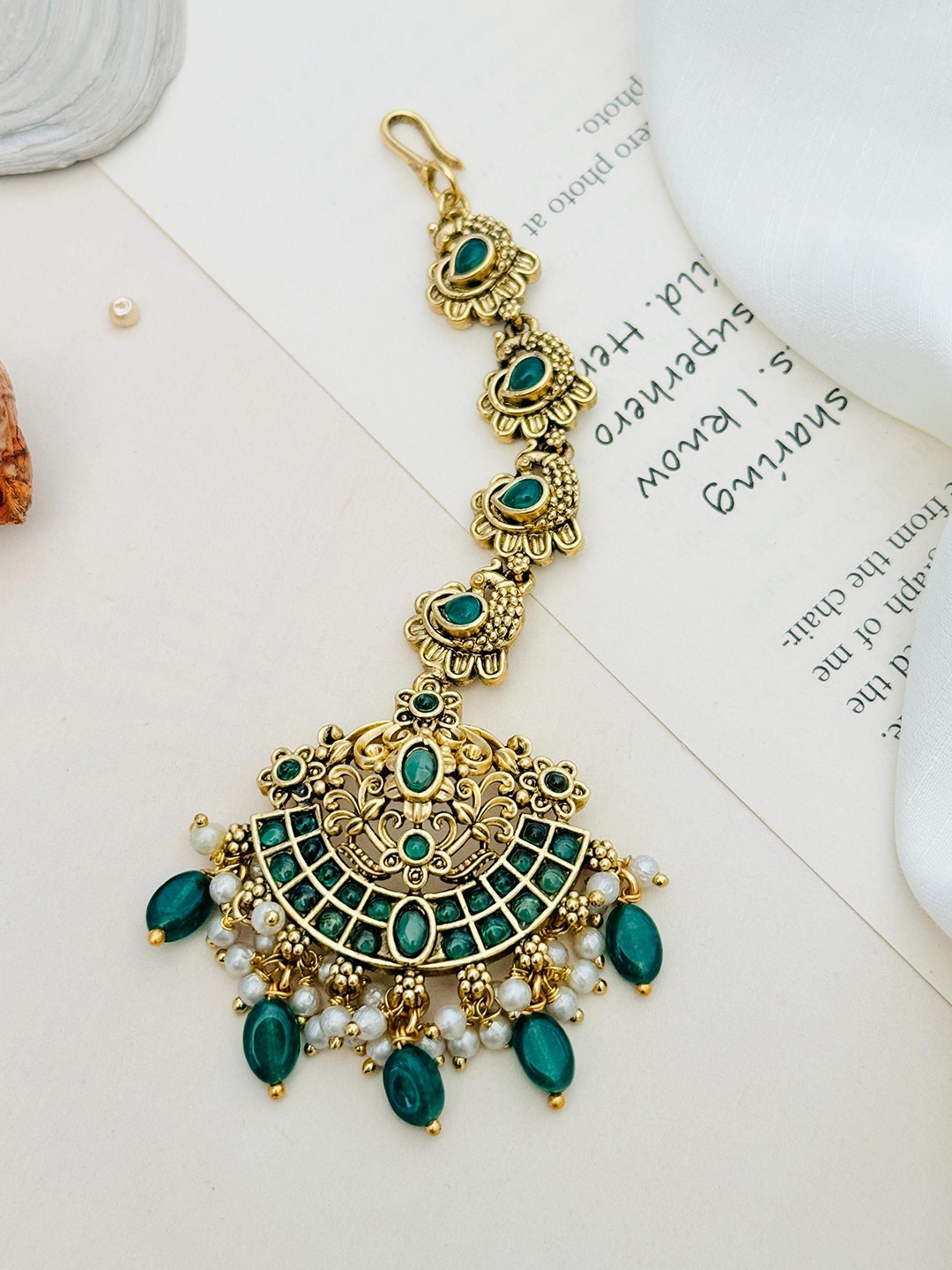 

ABDESIGNS Gold-Plated Stone Studded and Beaded Temple Maang Tikka