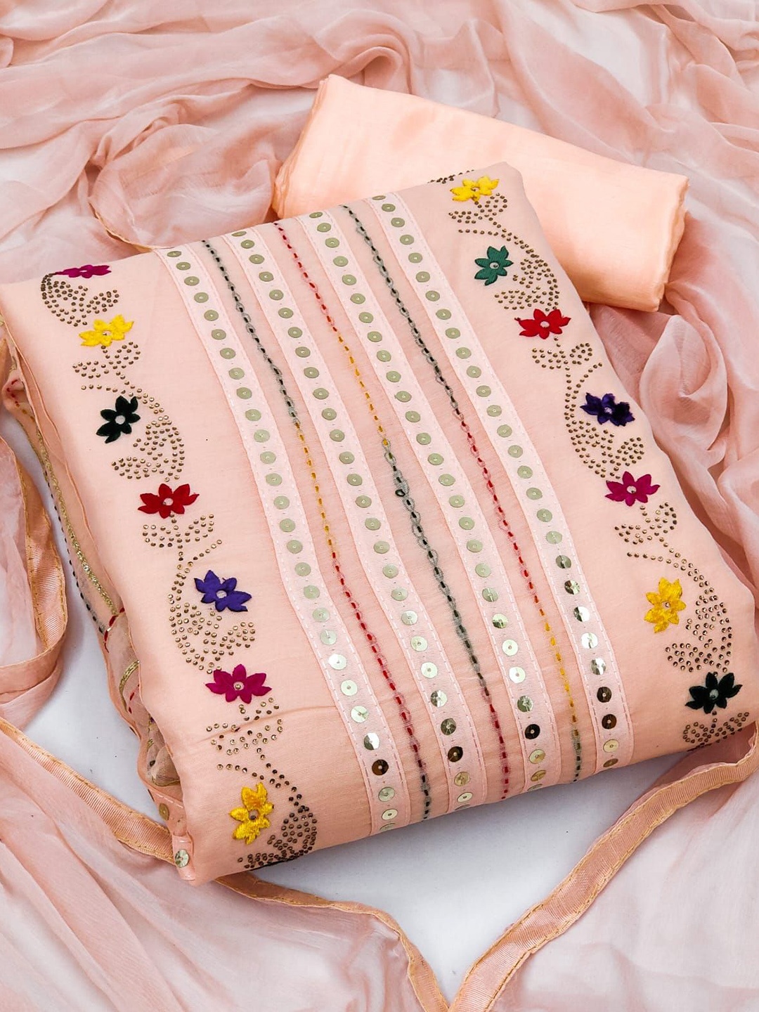 

Maroosh Floral Embroidered Unstitched Dress Material, Peach