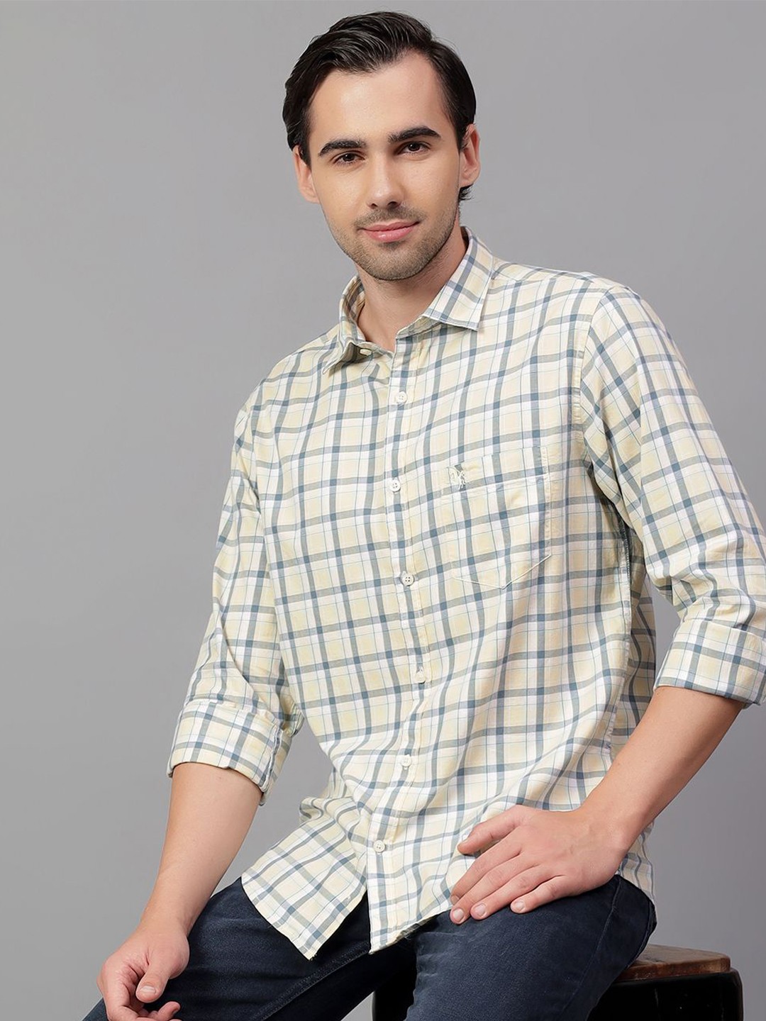 

Cantabil Men Spread Collar Checked Cotton Slim Fit Casual Shirt, Yellow