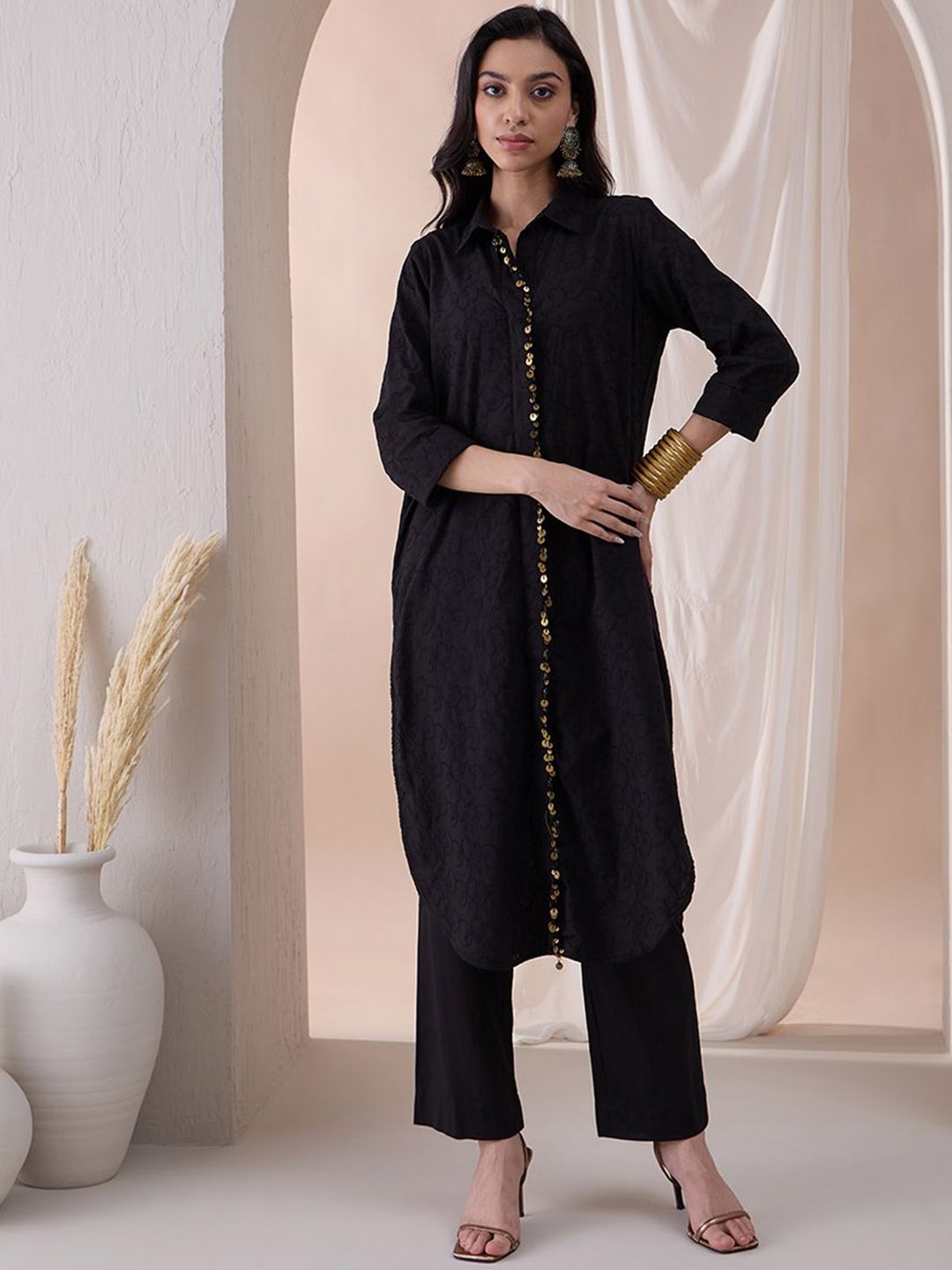 

FEMMELLA Embroidered Pure Cotton Tunic With Trousers Co-Ords, Black