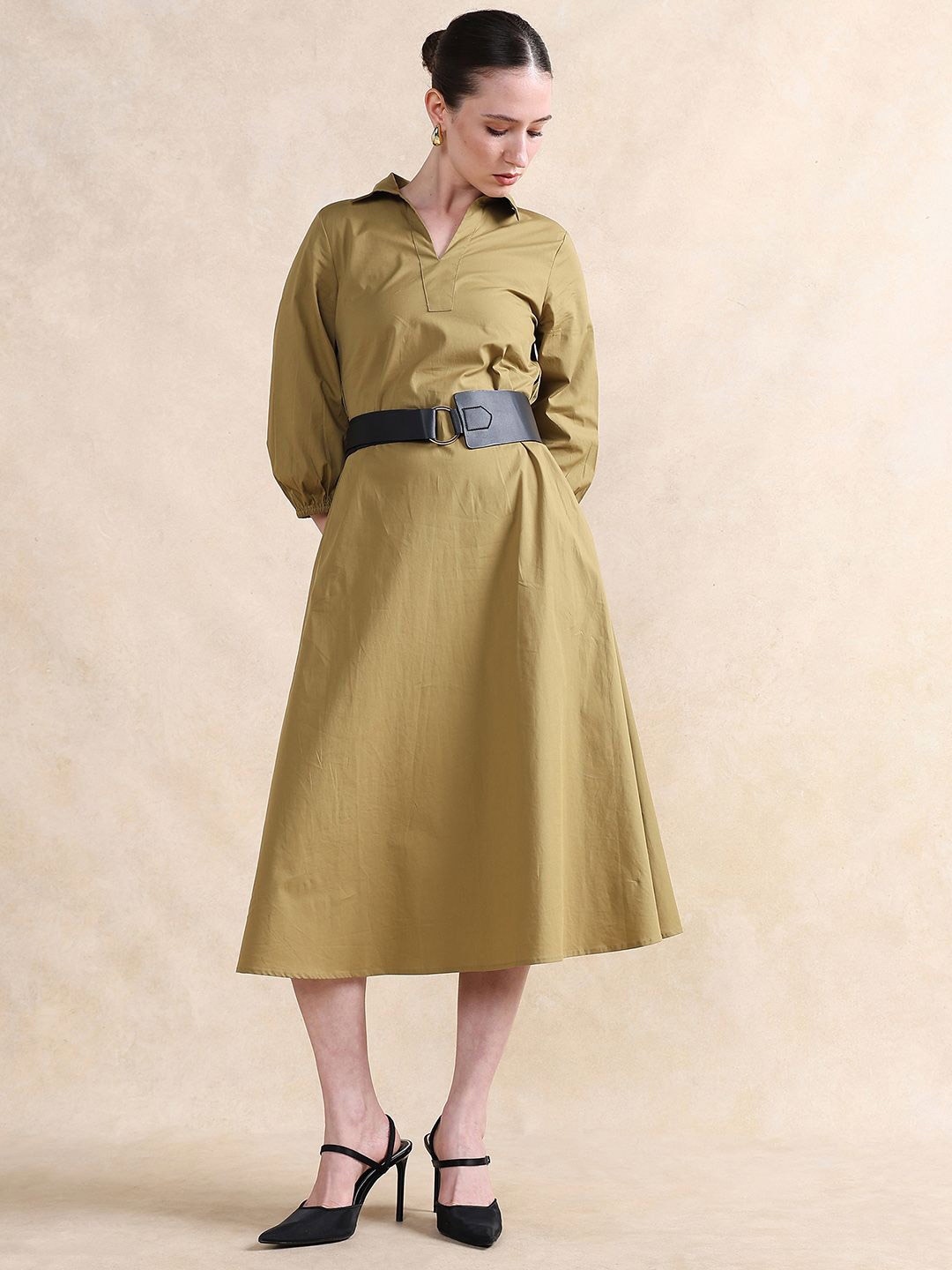 

RAREISM Women Puff Sleeve Formal Fit & Flare Midi Dress, Olive