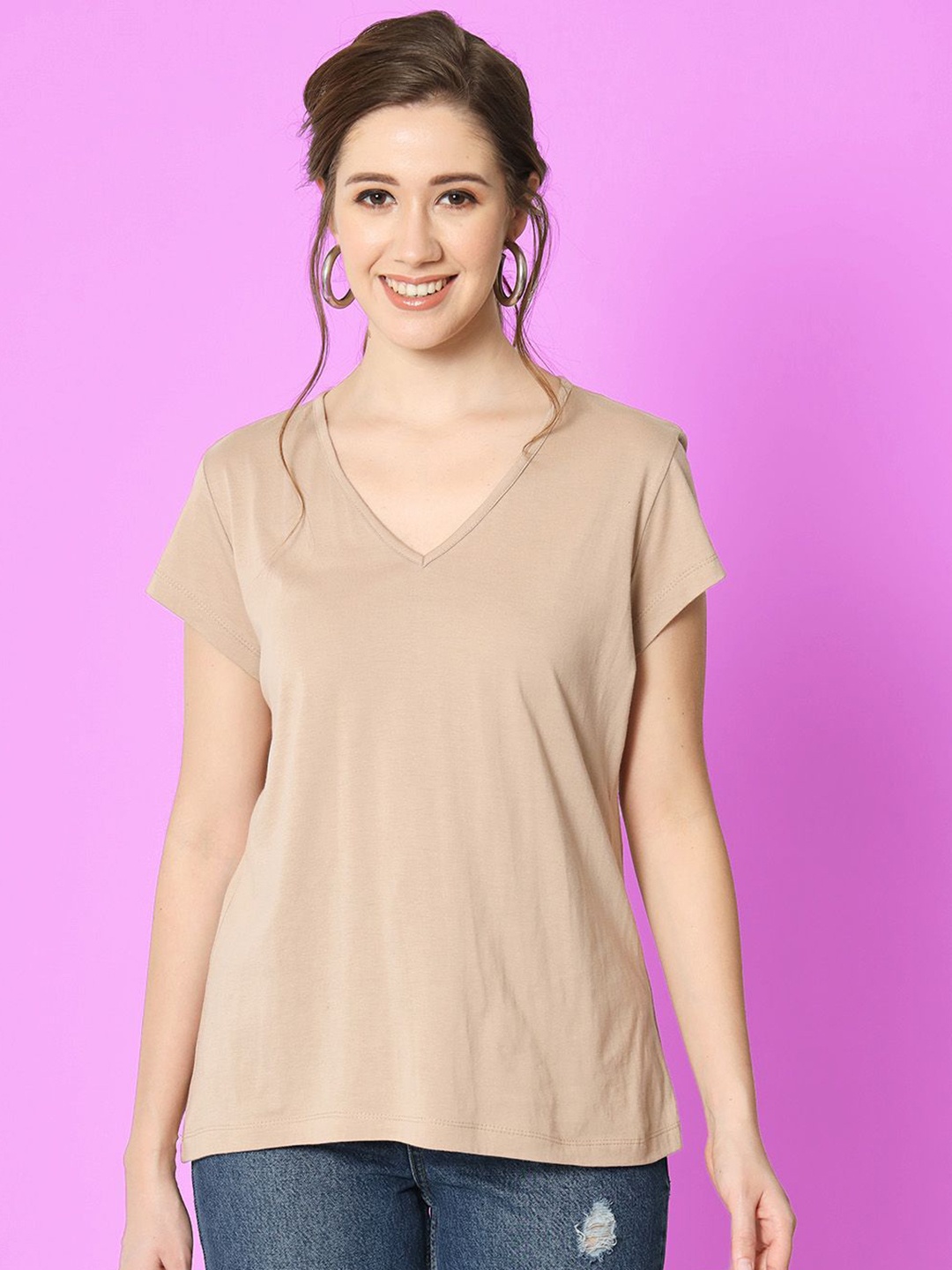 

CHARMGAL Women Solid V-Neck Cotton T-shirt, Brown