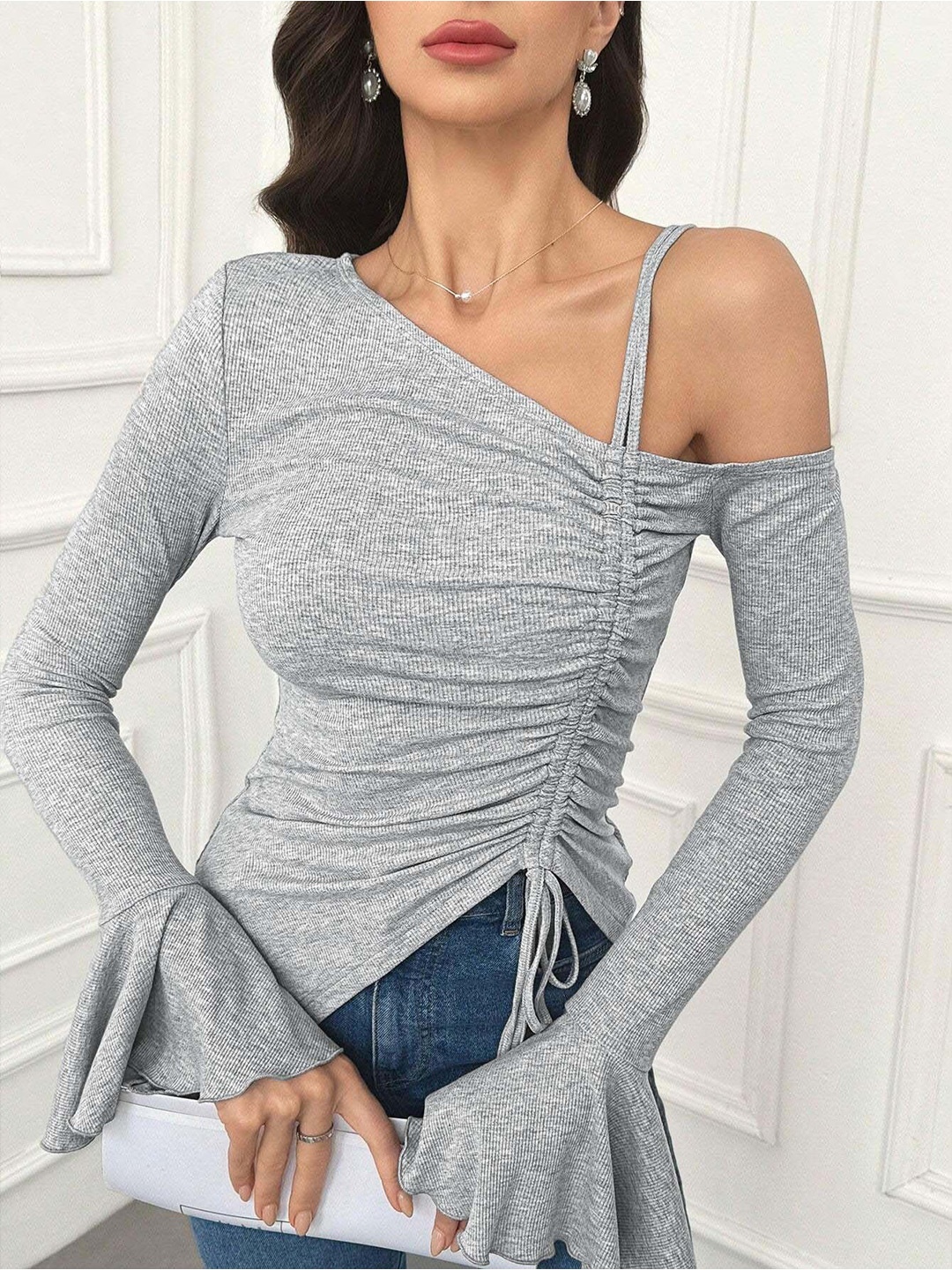 

HERE&NOW Women One Shoulder Top, Grey