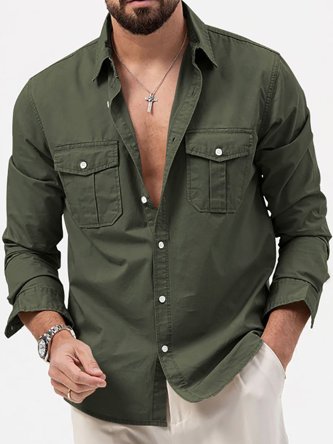 

StyleCast x Revolte Men Cutaway Collar Solid Casual Shirt, Olive