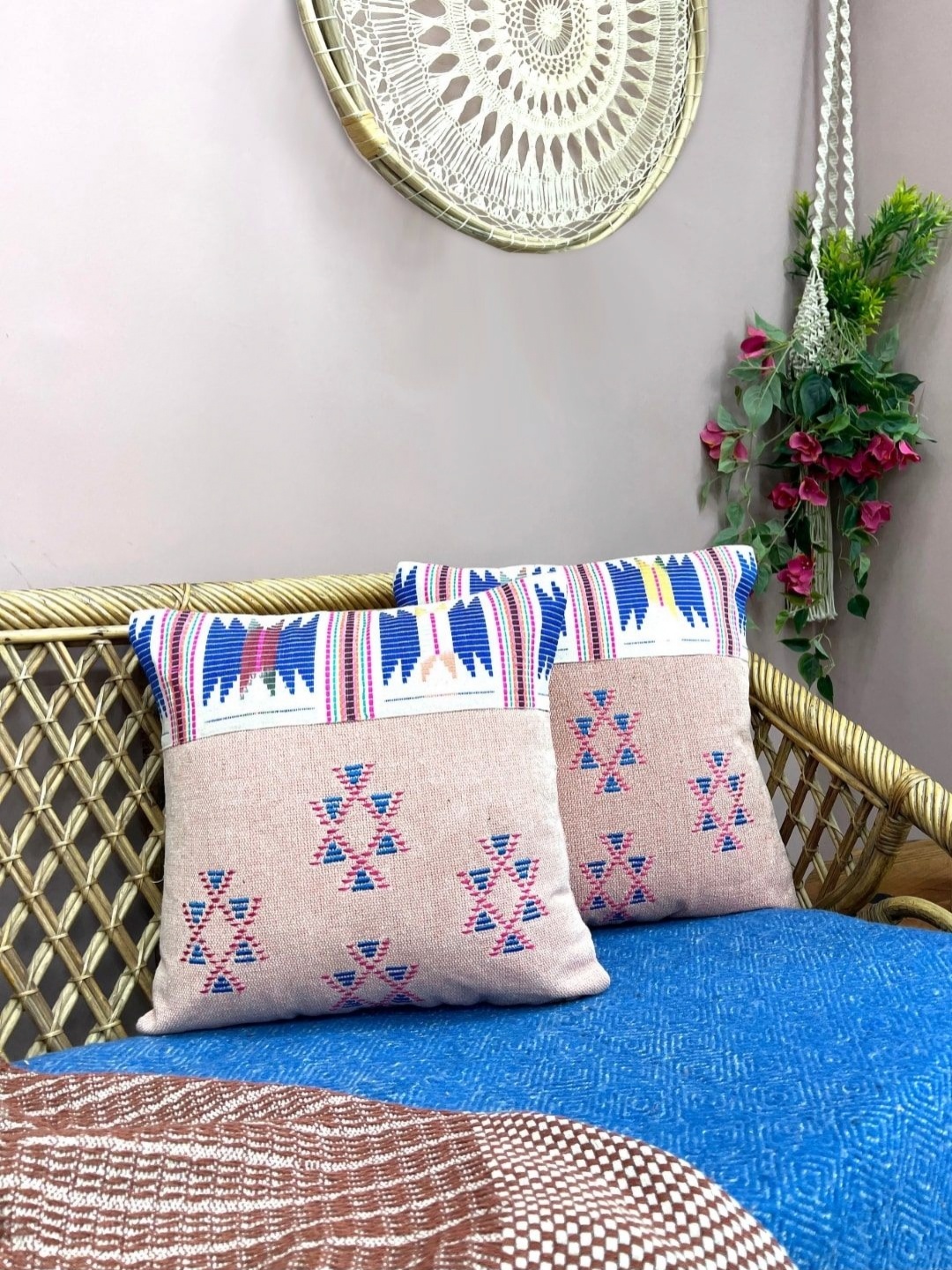 

Lyve Pink & Blue 2 Pieces Printed Cotton Geometric Square Cushion Covers