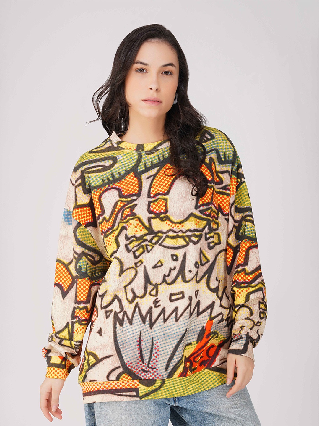 

THE CLOTHING FACTORY Women Printed Sweatshirt, Beige
