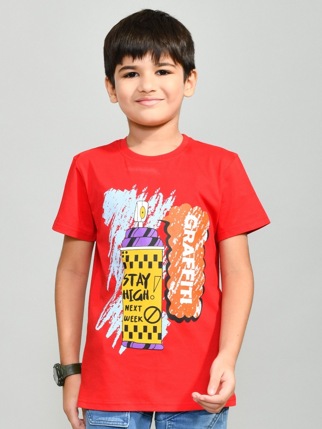 

YOUMAA Boys Bio Finish Graphic Printed Round Neck Pure Cotton T-shirt, Red