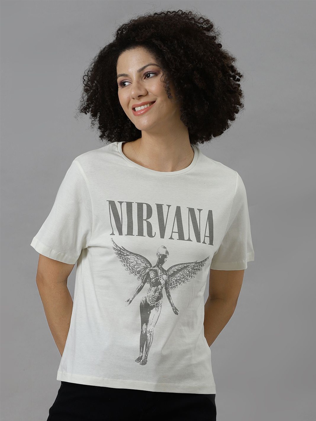 

Free Authority Women Nirvana Graphic Printed Round Neck Cotton T-shirt, Off white