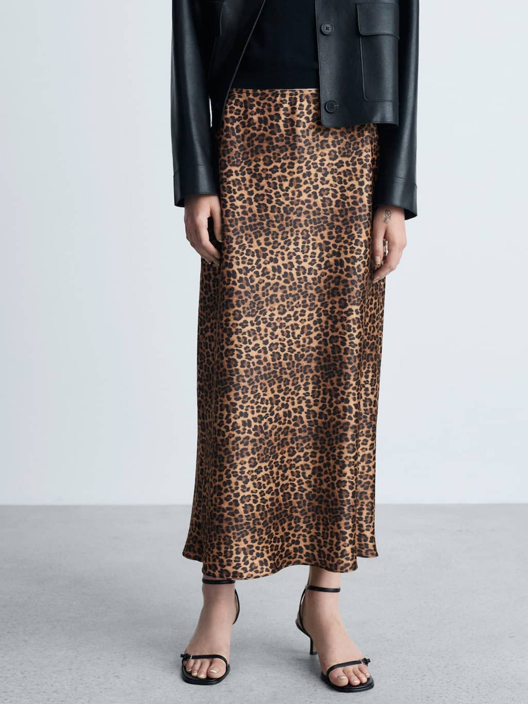 

MANGO Leopard Print Satin Skirt, Brown