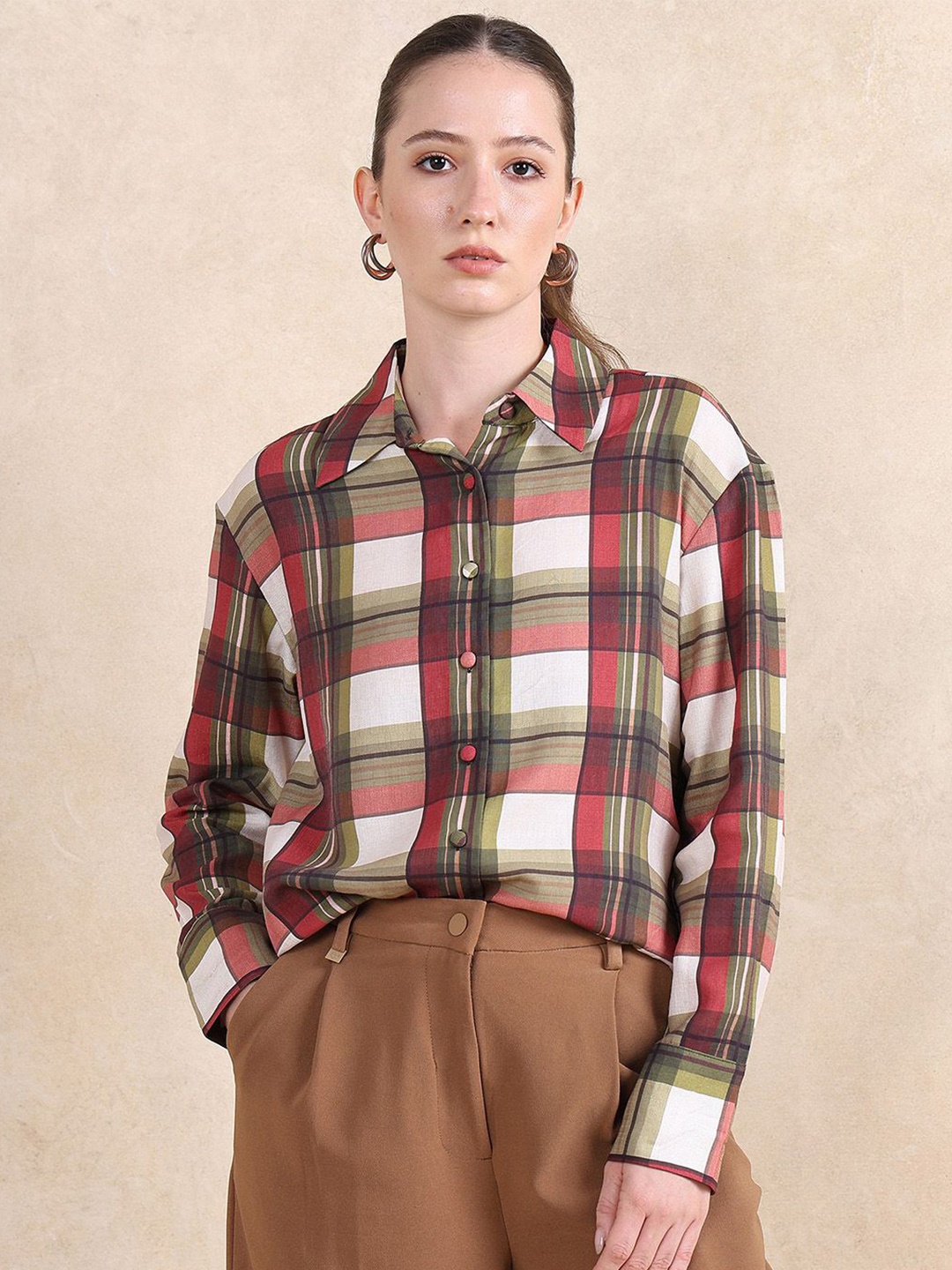 

RAREISM Women Comfort Spread Collar Tartan Checked Cotton Casual Shirt, Beige