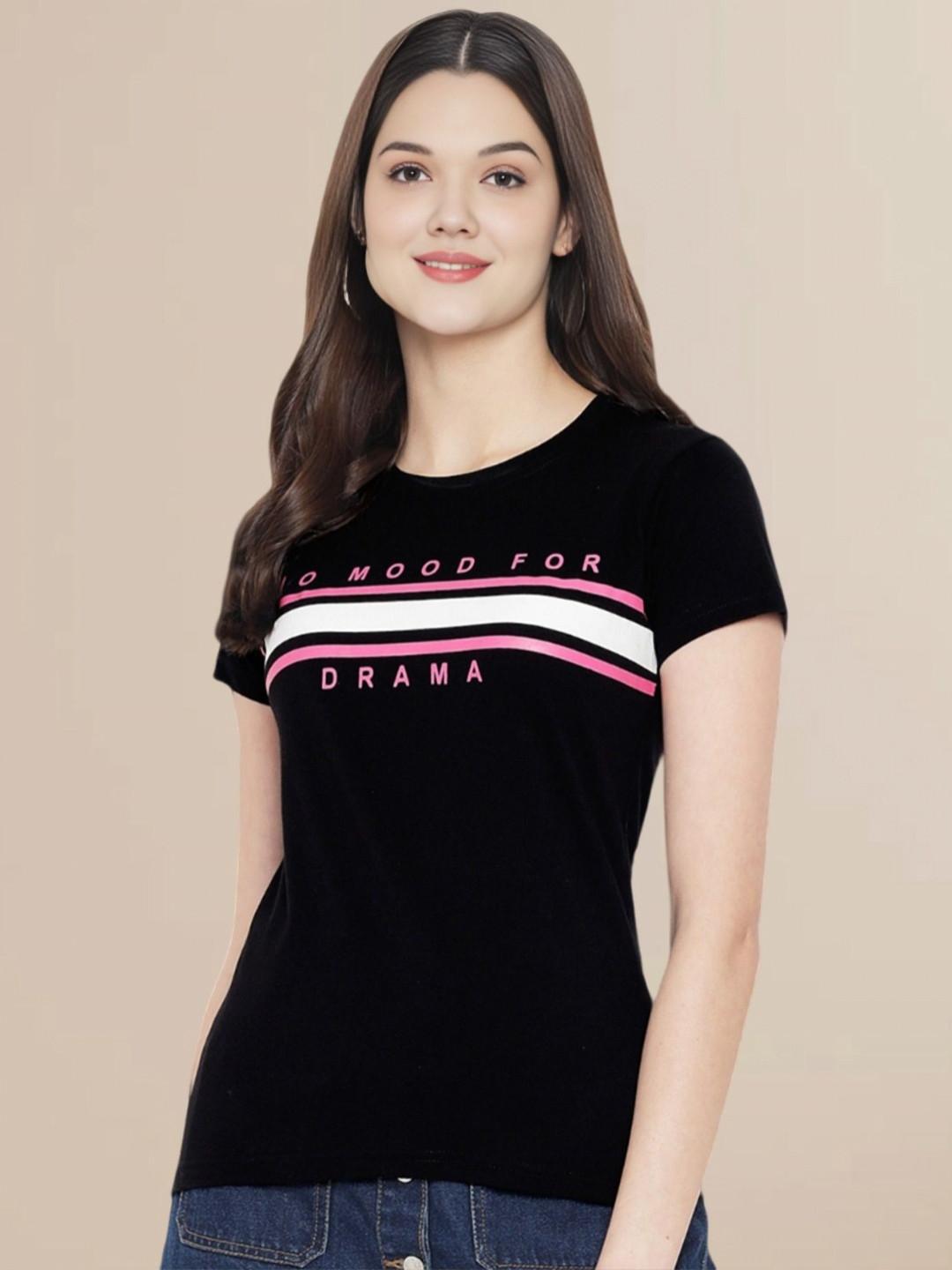 

Metronaut Women Typography Printed Round Neck Cotton T-shirt, Black