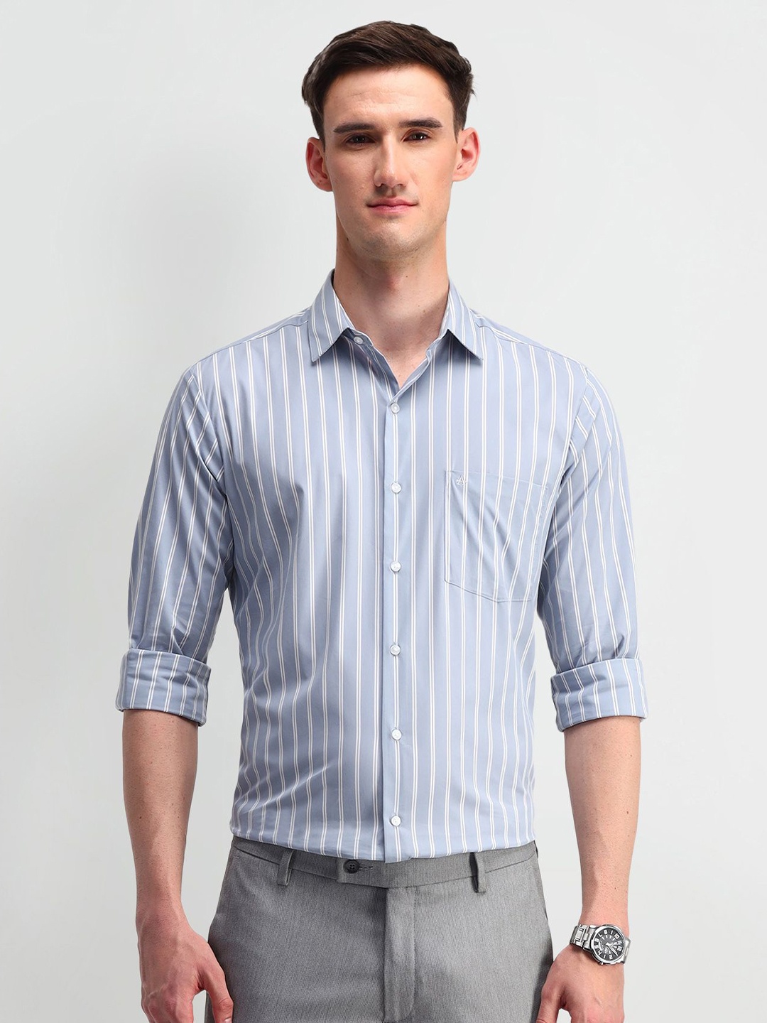 

Arrow Men Classic Spread Collar Vertical Striped Cotton Formal Shirt, Grey