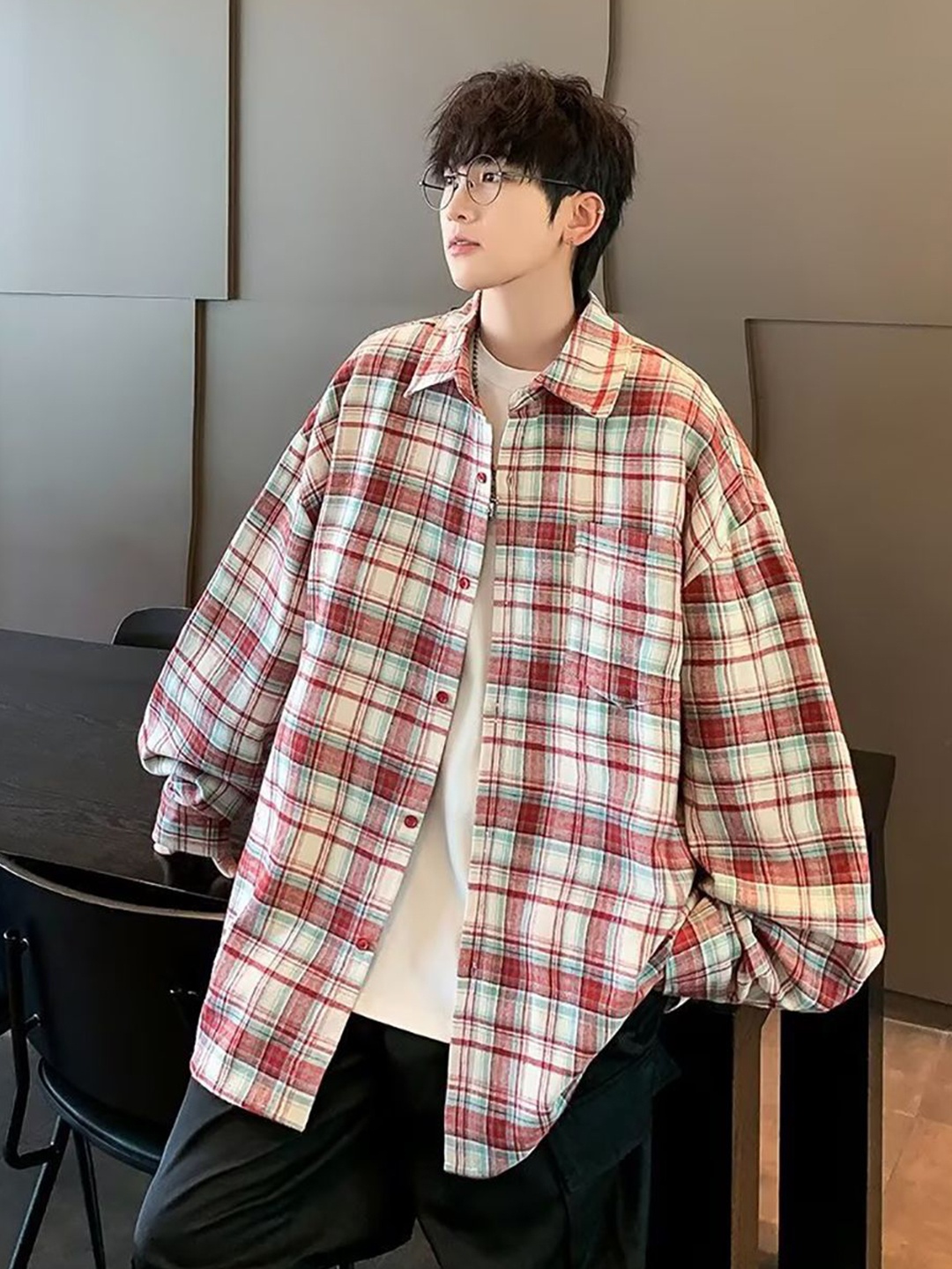 

StyleCast x Revolte Men Cutaway Collar Buffalo Checked Oversized Casual Shirt, Red