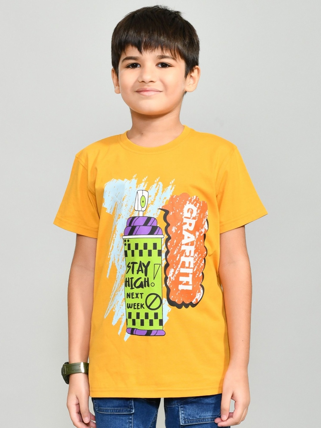 

YOUMAA Boys Bio Finish Typography Printed Round Neck Pure Cotton T-shirt, Yellow