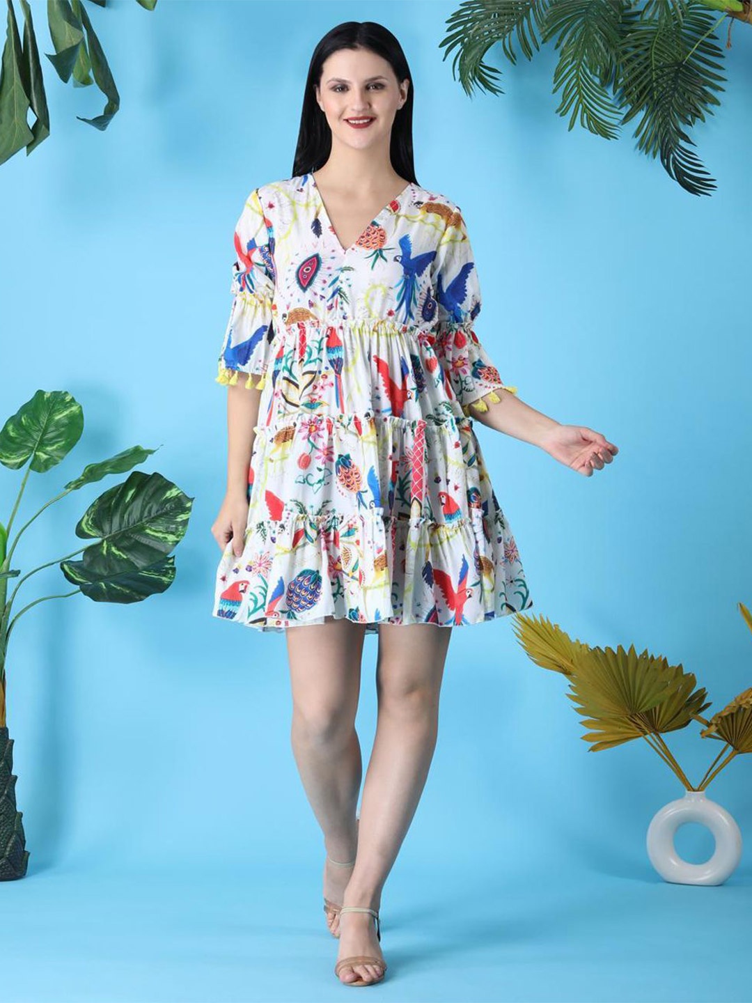 

KWEEN Women Floral Conversational Print Satin Fit & Flare Dress, White