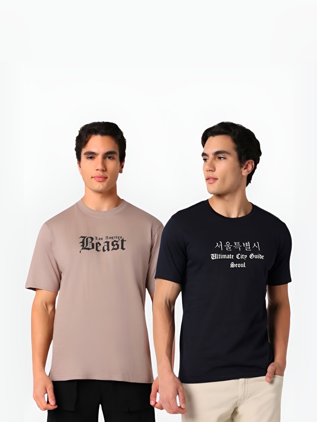 

R&B Men Pack Of 2 Typography Printed Round Neck Cotton T-shirts, Beige