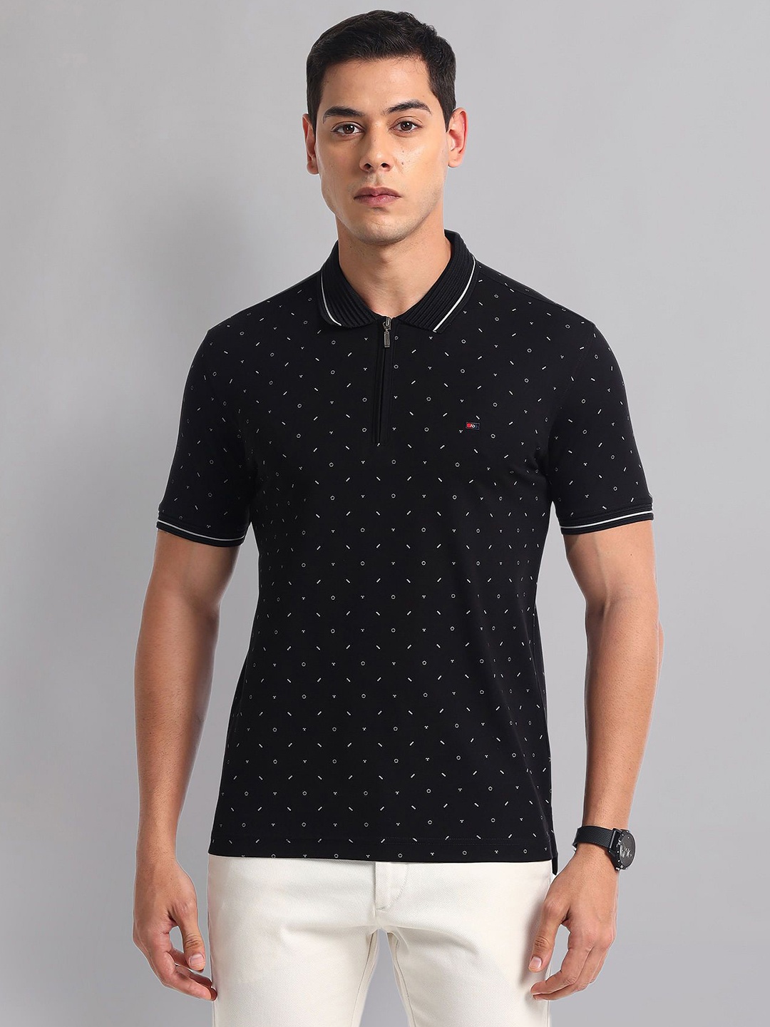 

AD By Arvind Men Abstract Printed Polo Collar Slim Fit T-shirt, Black