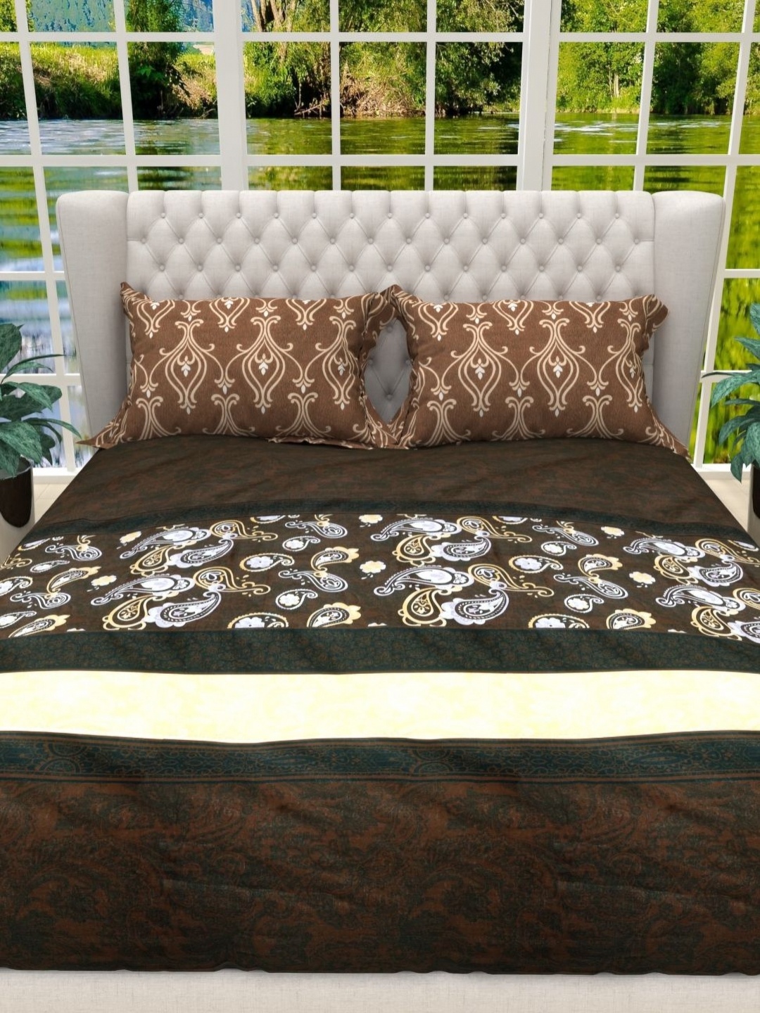 

THE WHITE MOSS Brown & White 130 TC Cotton King Bedsheet with 2 Pillow Covers 2 X 2mt