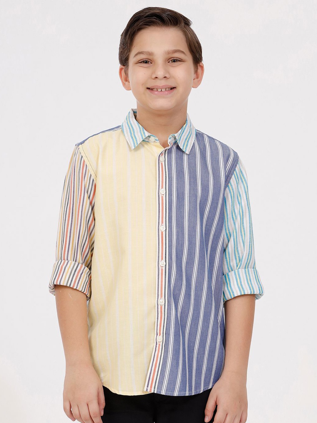 

KATE & OSCAR Boys Cutaway Collar Vertical Striped Cotton Casual Shirt, Yellow