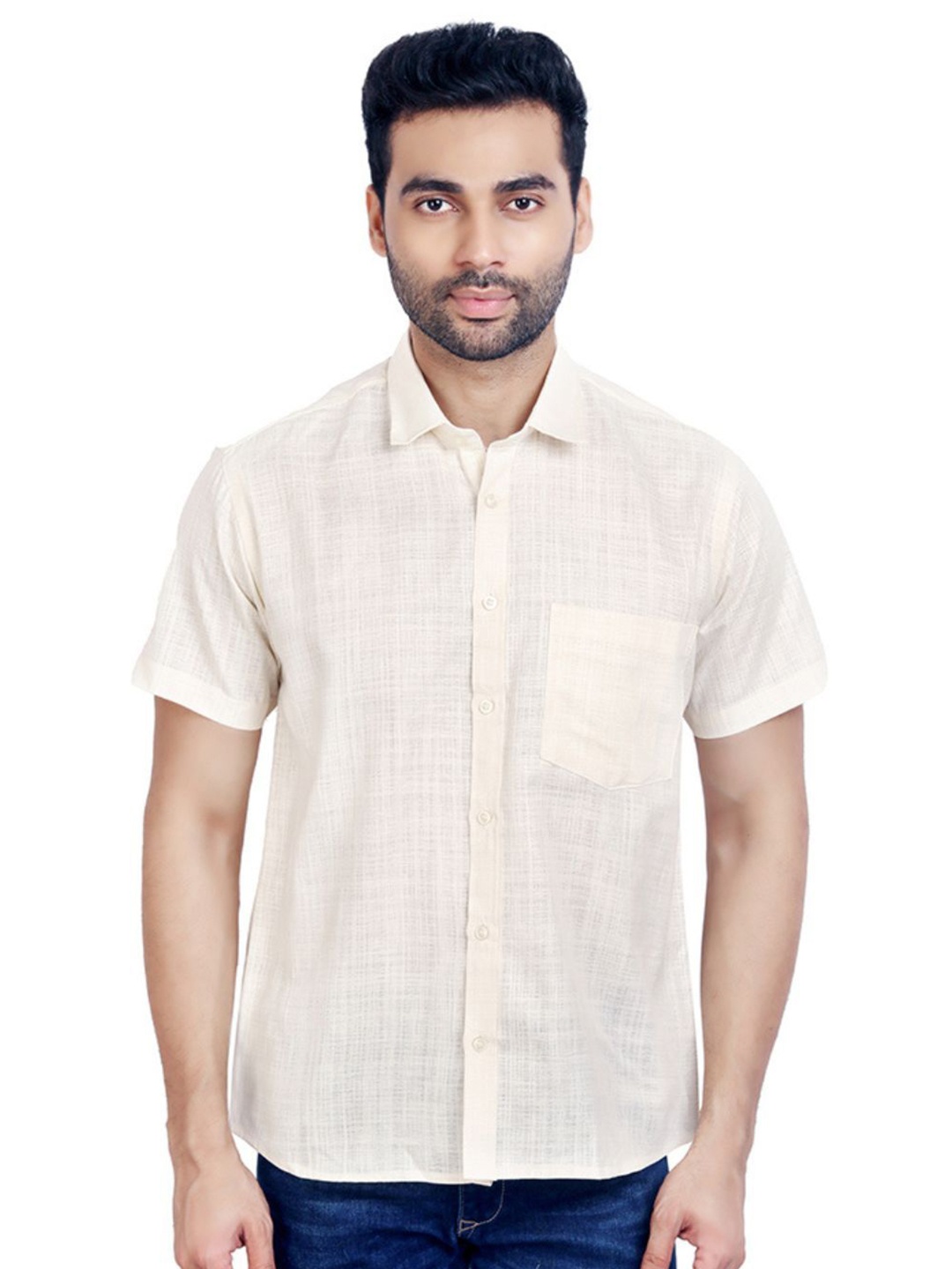 

Ethazh Men Spread Collar Solid Cotton Casual Shirt, Beige