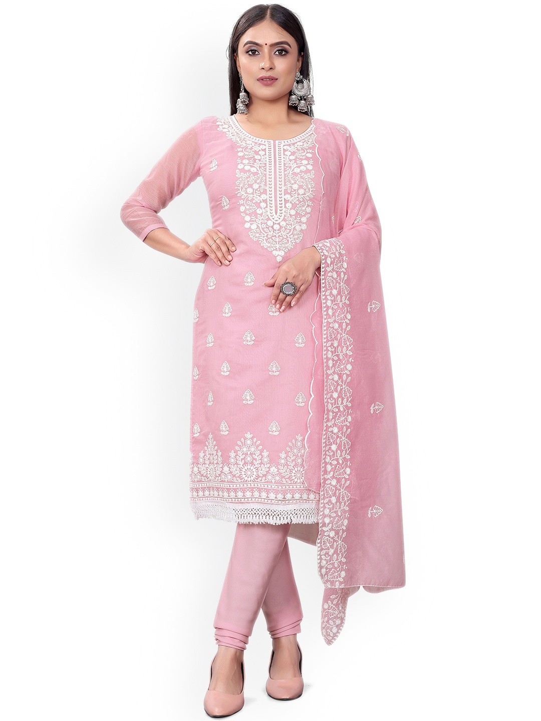 

Maroosh Floral Embroidered Chanderi Cotton Unstitched Dress Material, Pink