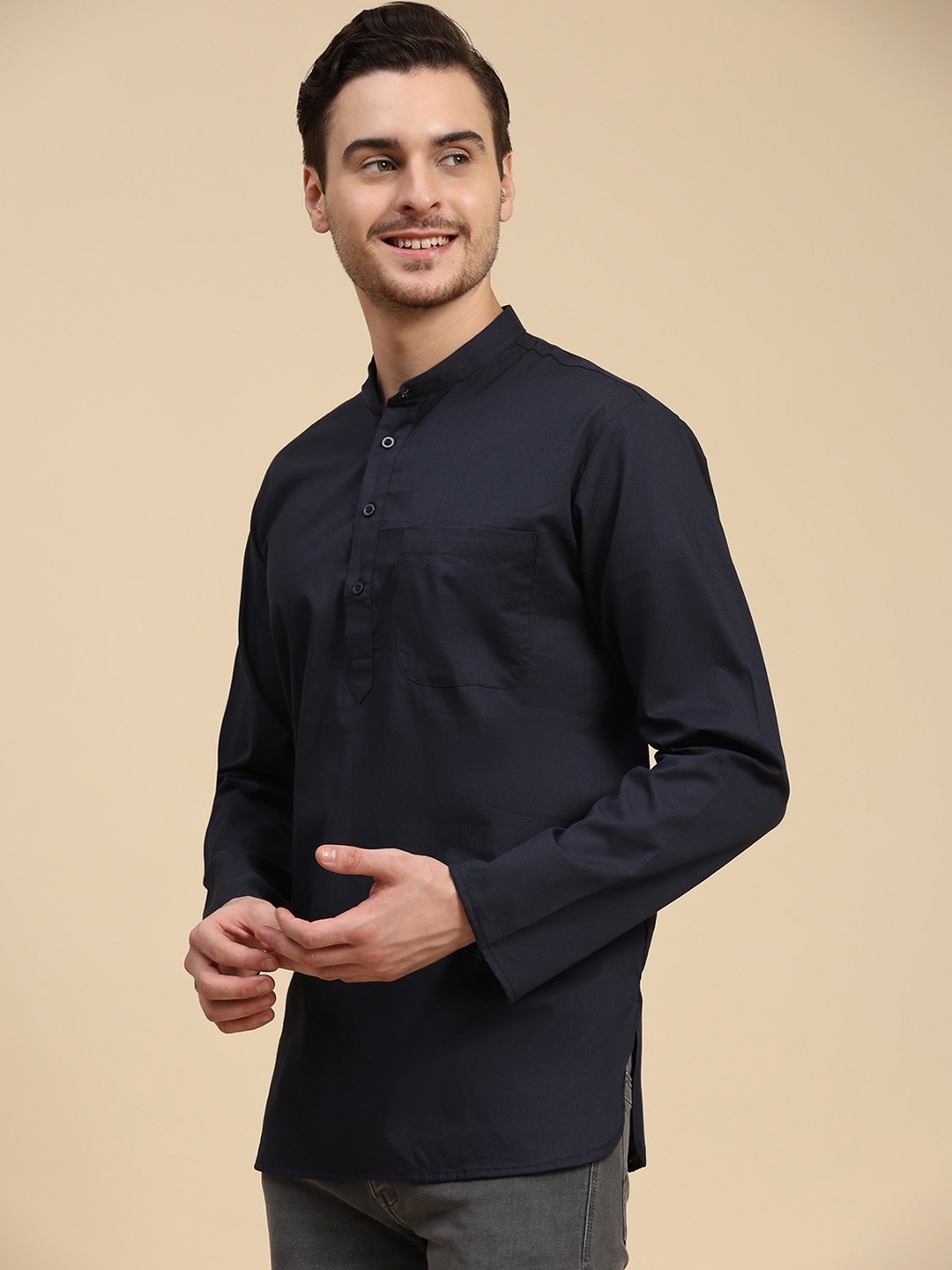 

SKAVIJ Band Collar Cotton Short Straight Kurta, Blue