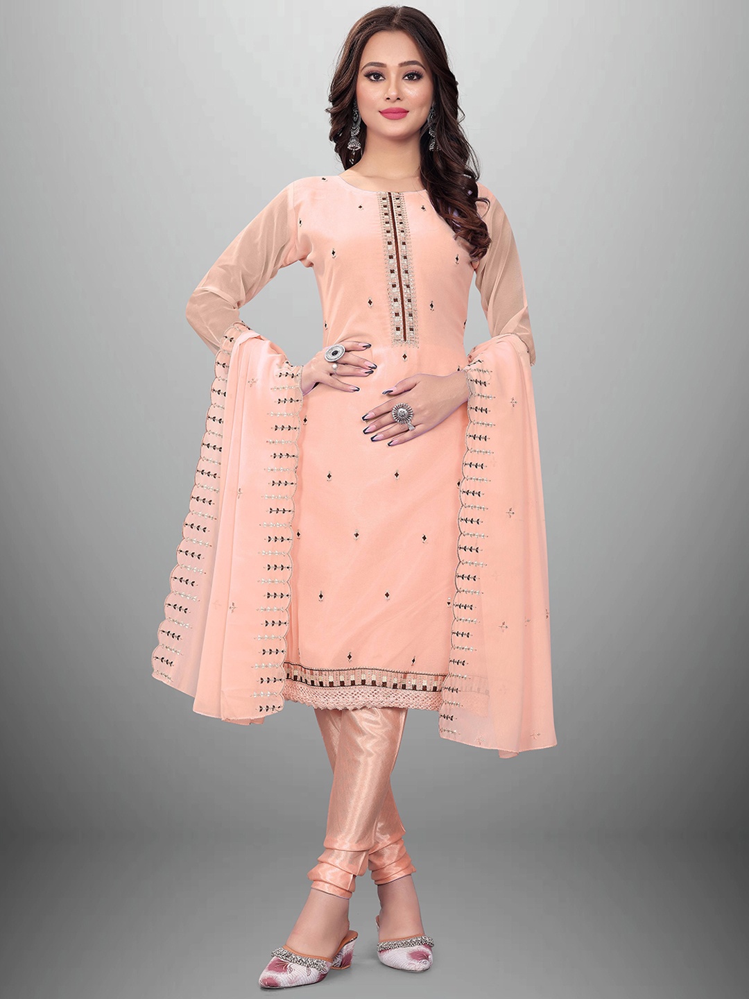 

Maroosh Floral Embroidered Georgette Unstitched Dress Material, Peach