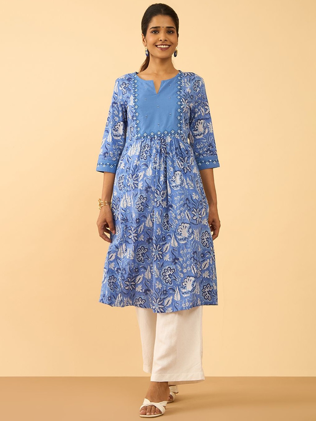 

Taneira Floral Printed Mirror Work Pleated Pure Cotton A-Line Kurta, Blue
