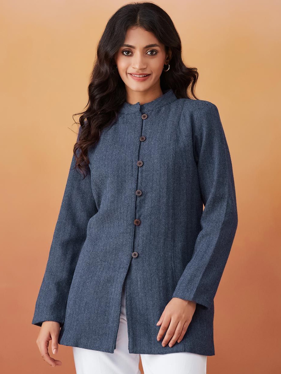 

Fabindia Women Mandarin Collar Solid Woollen Casual Tailored Jacket, Blue