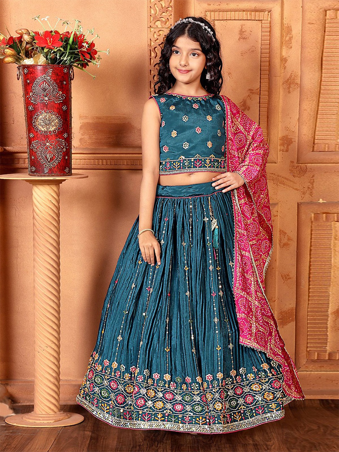 

ODETTE Girls Embroidered Sequinned Ready to Wear Lehenga & Blouse With Dupatta, Blue