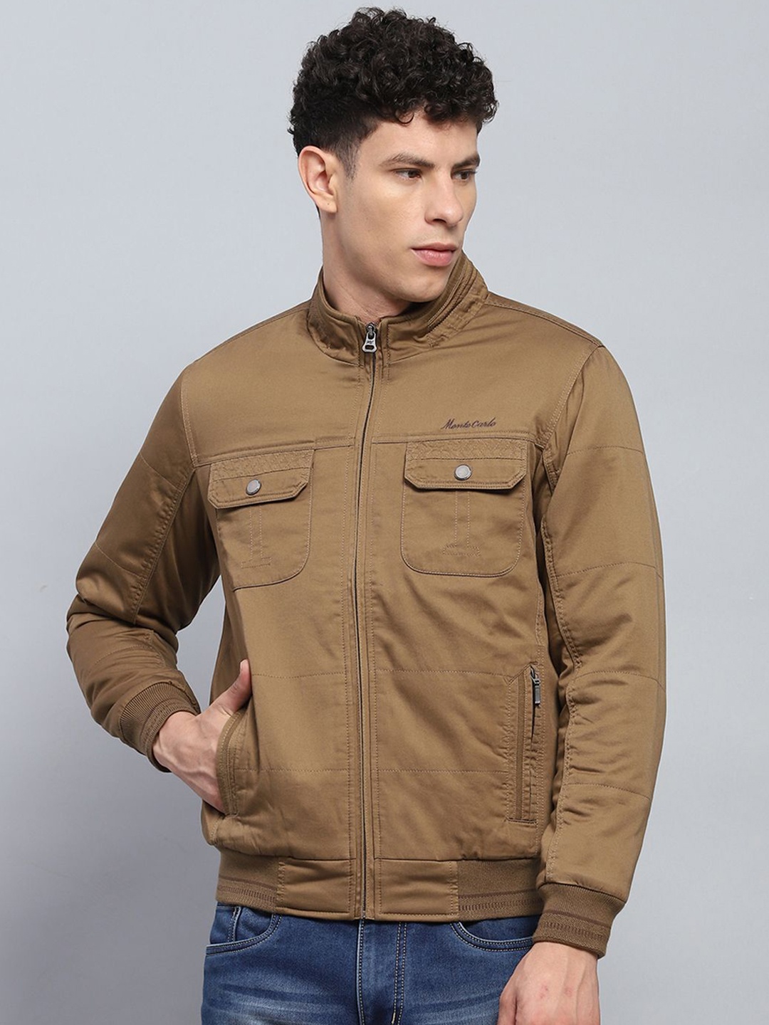 

Monte Carlo Men Mock Collar Solid Cotton Casual Bomber Jacket, Brown