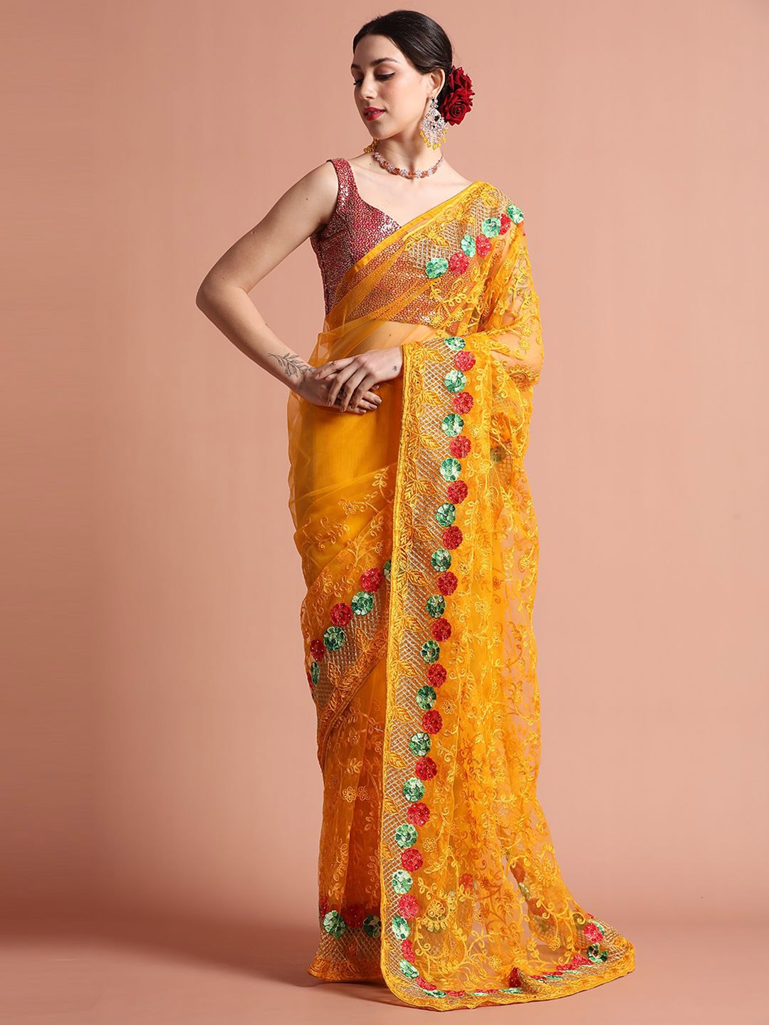 

Jaipur Kurti Party Wear Floral Embroidered Net Saree, Yellow