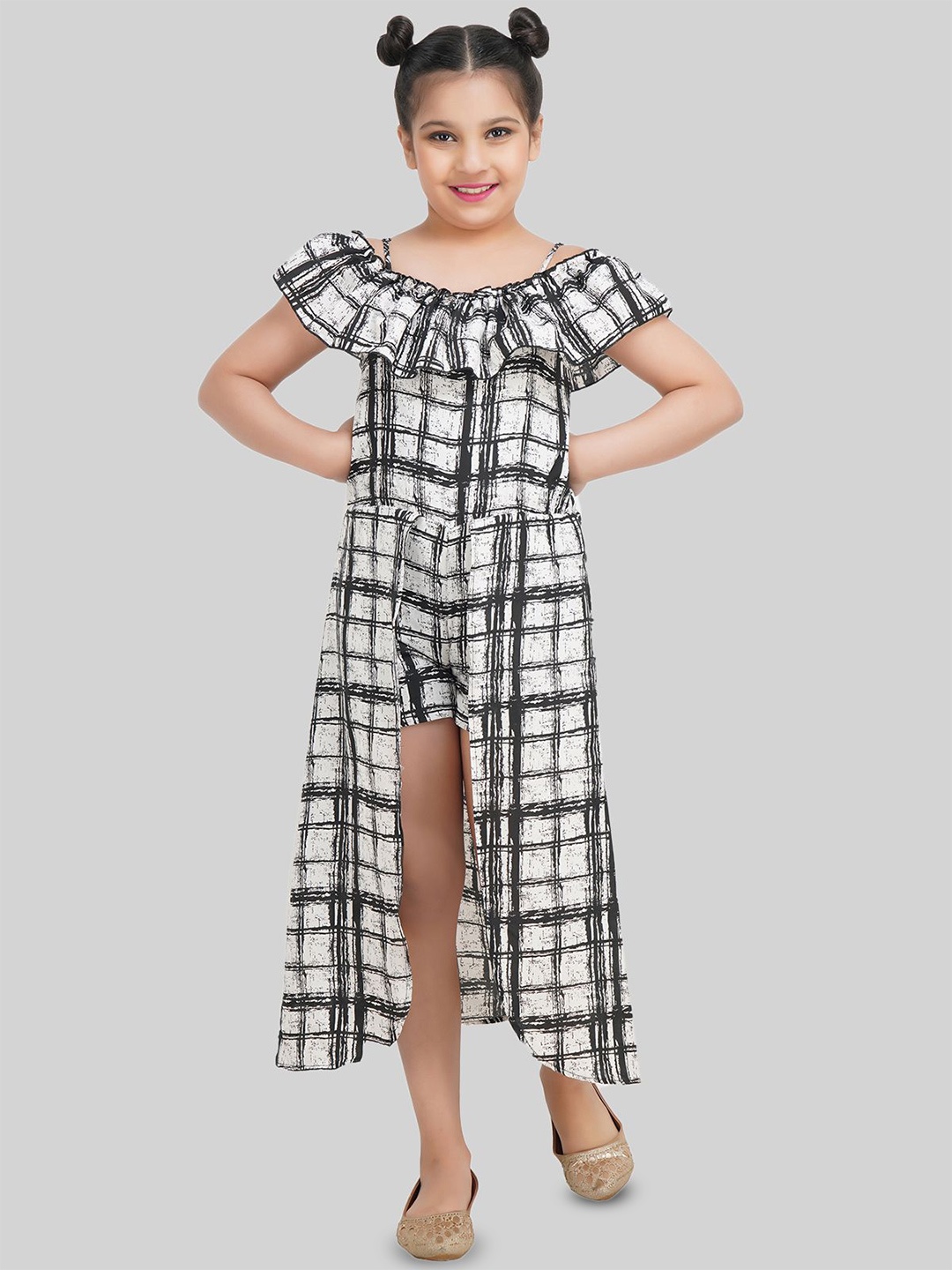 

BEING NAUGHTY Girl's Checked Off-Shoulder Crepe Maxi Dress, White