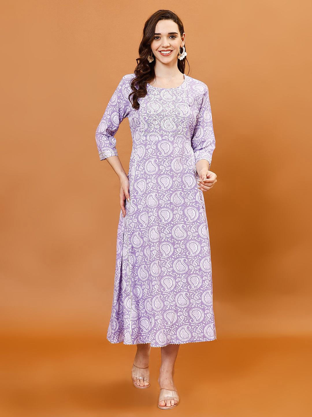 

Meena Bazaar Women Ethnic Motifs Print A- Line Midi Dress, Purple