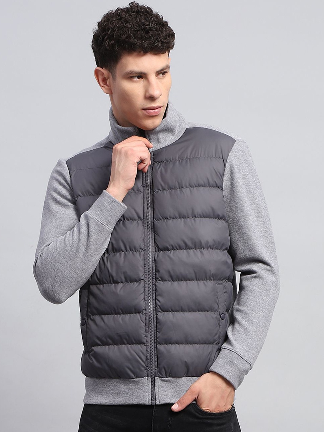 

rock.it Men Mock Collar Colourblocked Casual Padded Jacket, Grey