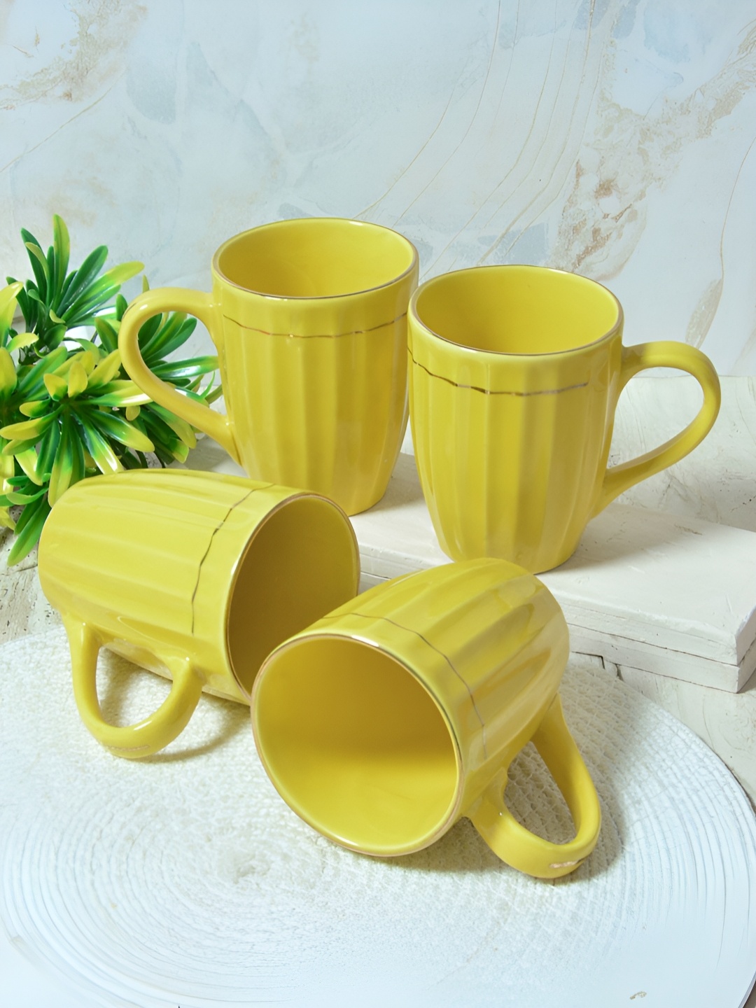 

FABINALIV Yellow 4 Pieces Textured Ceramic Glossy Mugs 260 ml each